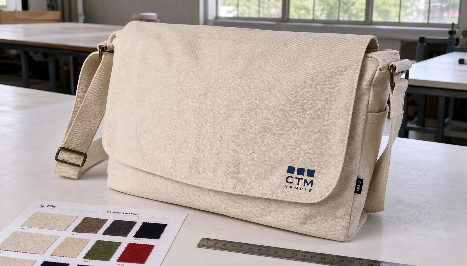 Natural canvas messenger bag with CTM sample logo and CottonToMaker side label on a studio table