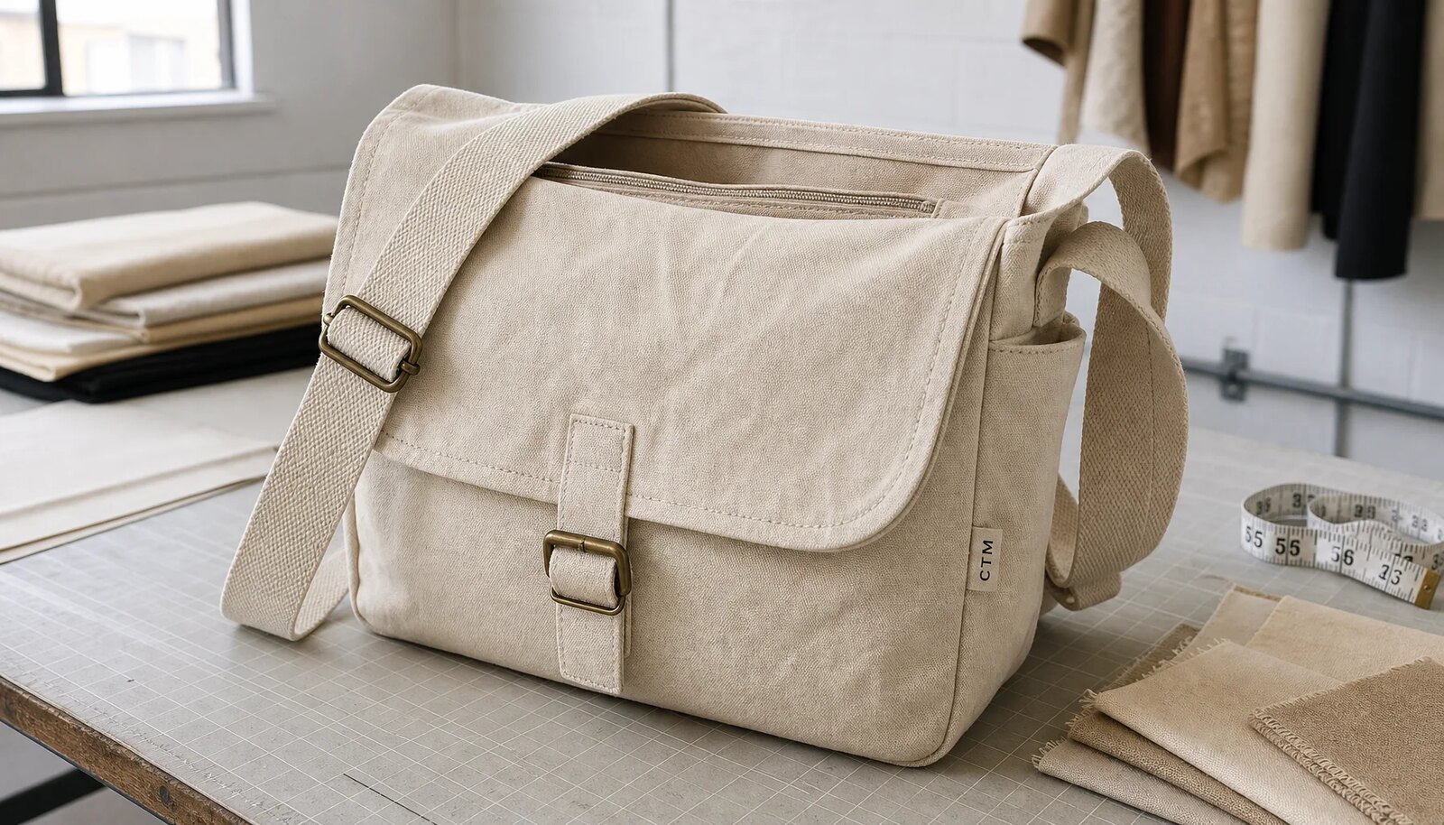 Natural canvas messenger bag sample with CTM woven side label in a factory sample room