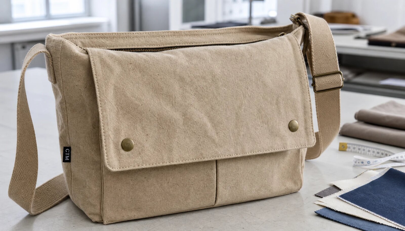 Natural canvas messenger bag with CTM woven side label in a clean studio sample setting