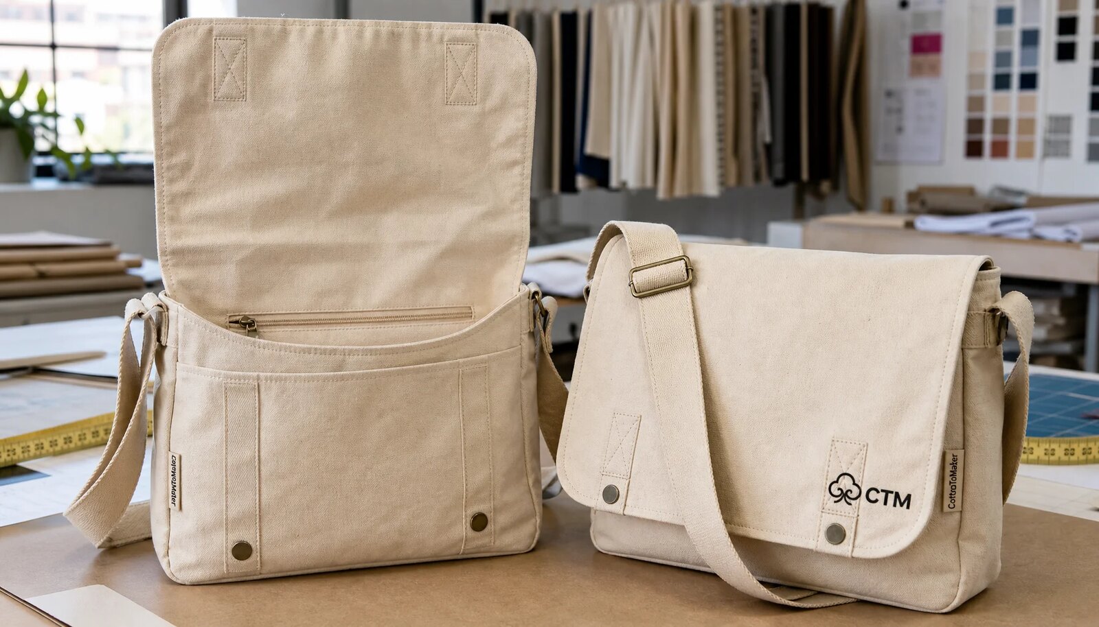 Natural canvas messenger bag samples with CTM logo in a factory sample room