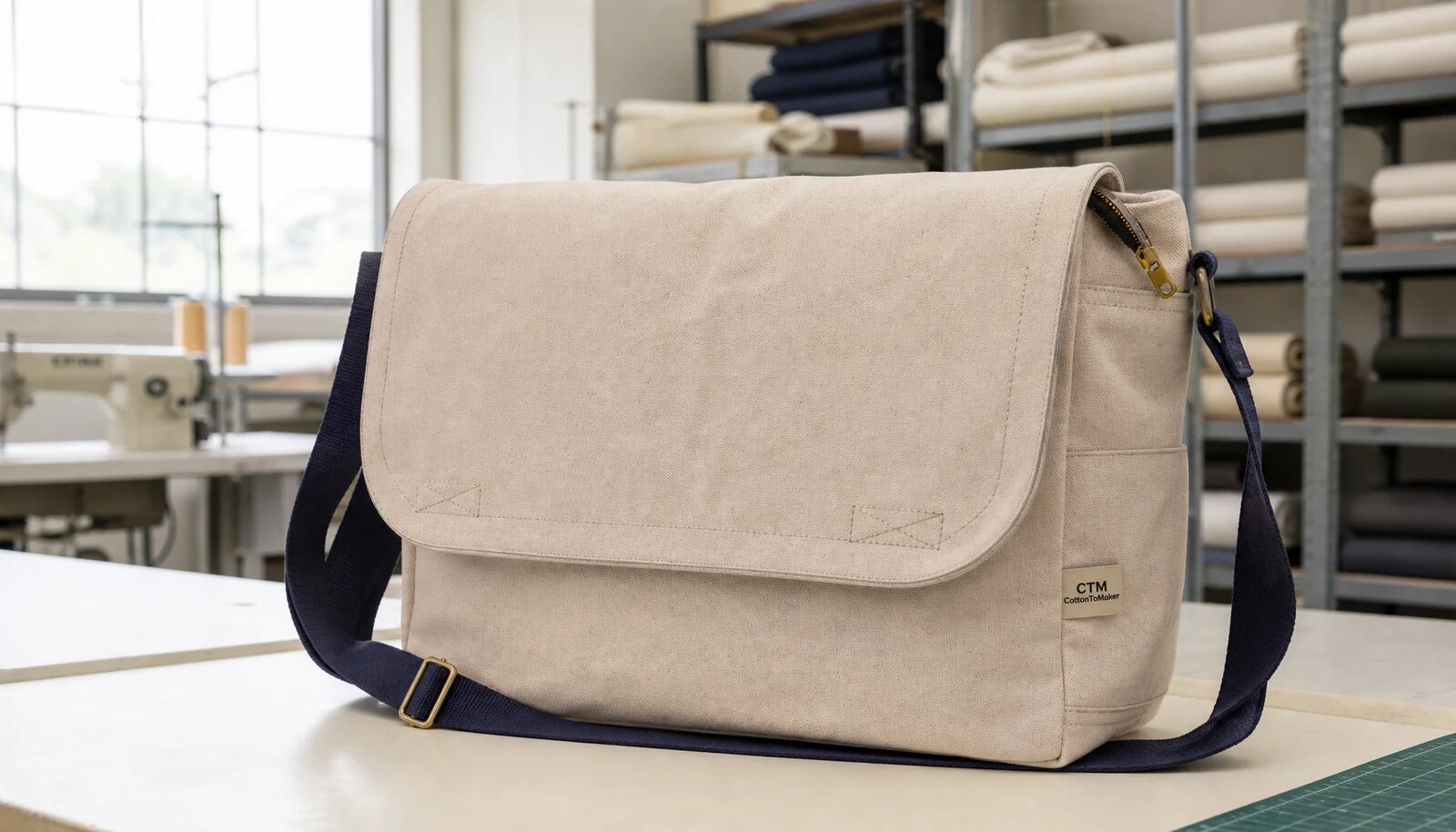 Photorealistic beige canvas messenger bag with navy strap and CTM / CottonToMaker woven side label in a factory sample room