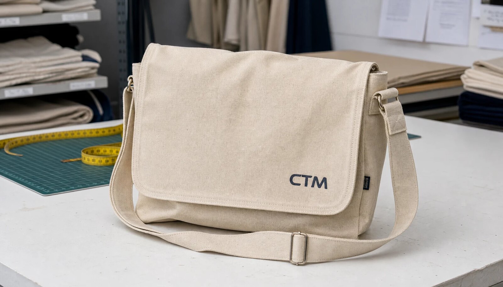 Natural canvas messenger bag with CTM logo printed on front flap in a clean sample room