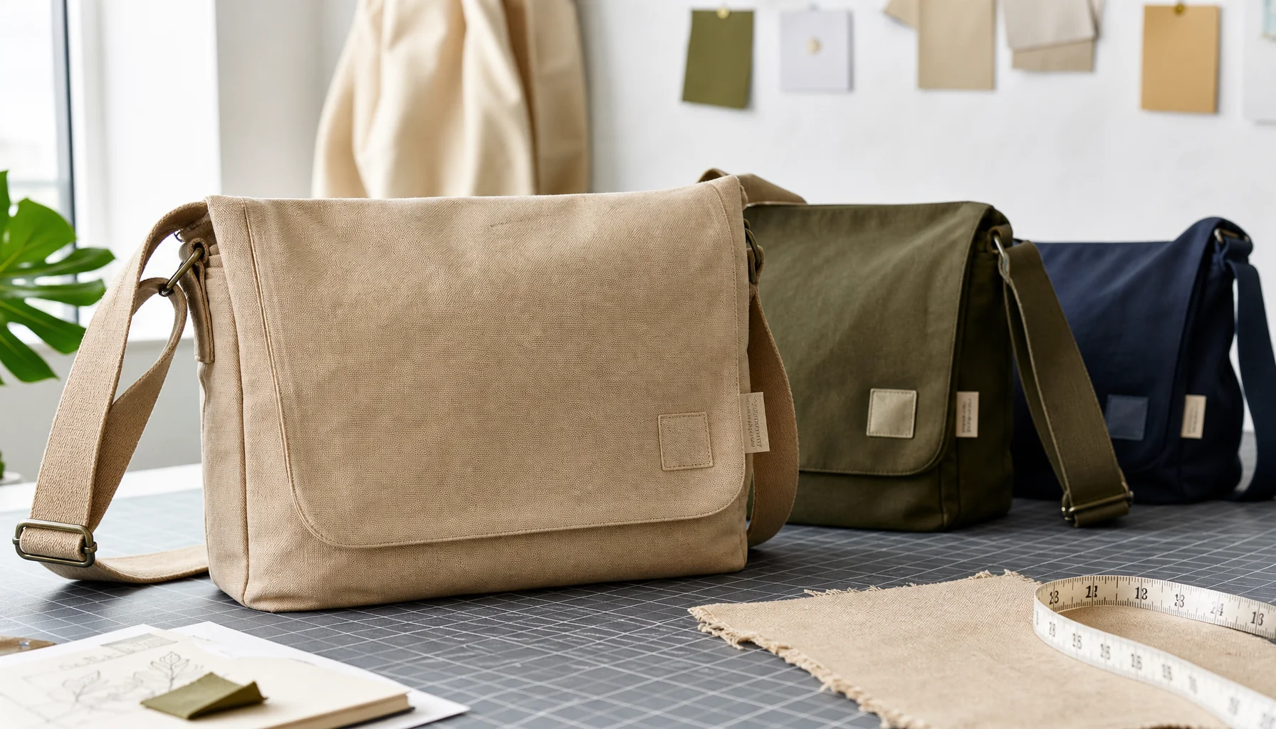 Natural canvas messenger bag sample with a small CTM logo label and front logo print in a clean factory sample room