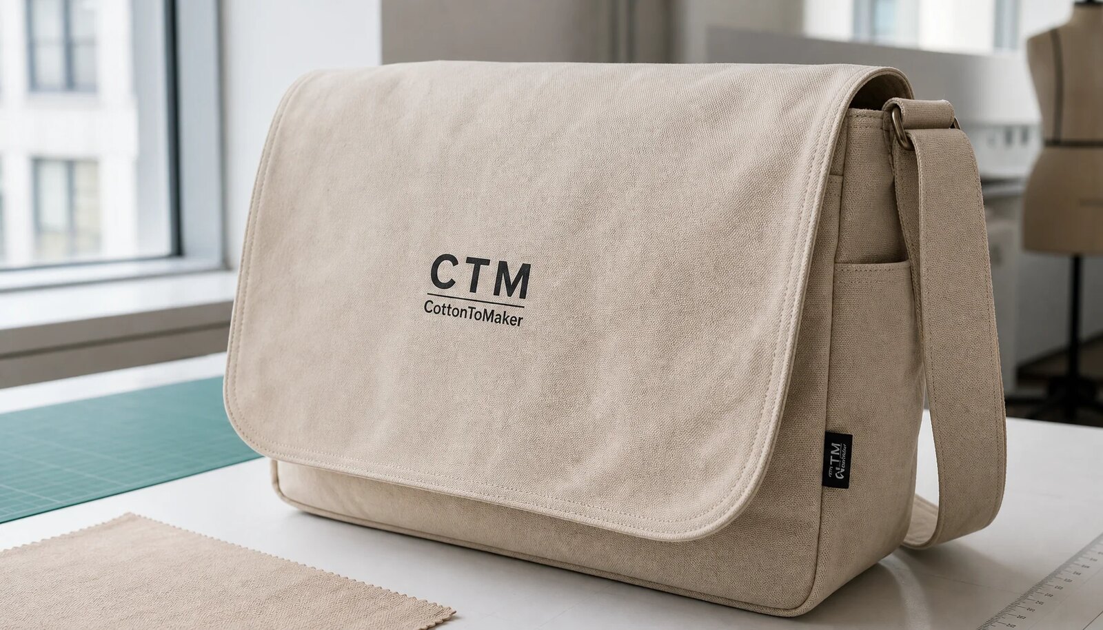 Photorealistic canvas messenger bag in a factory sample room with a small CottonToMaker CTM logo printed on the front flap and a side label visible.