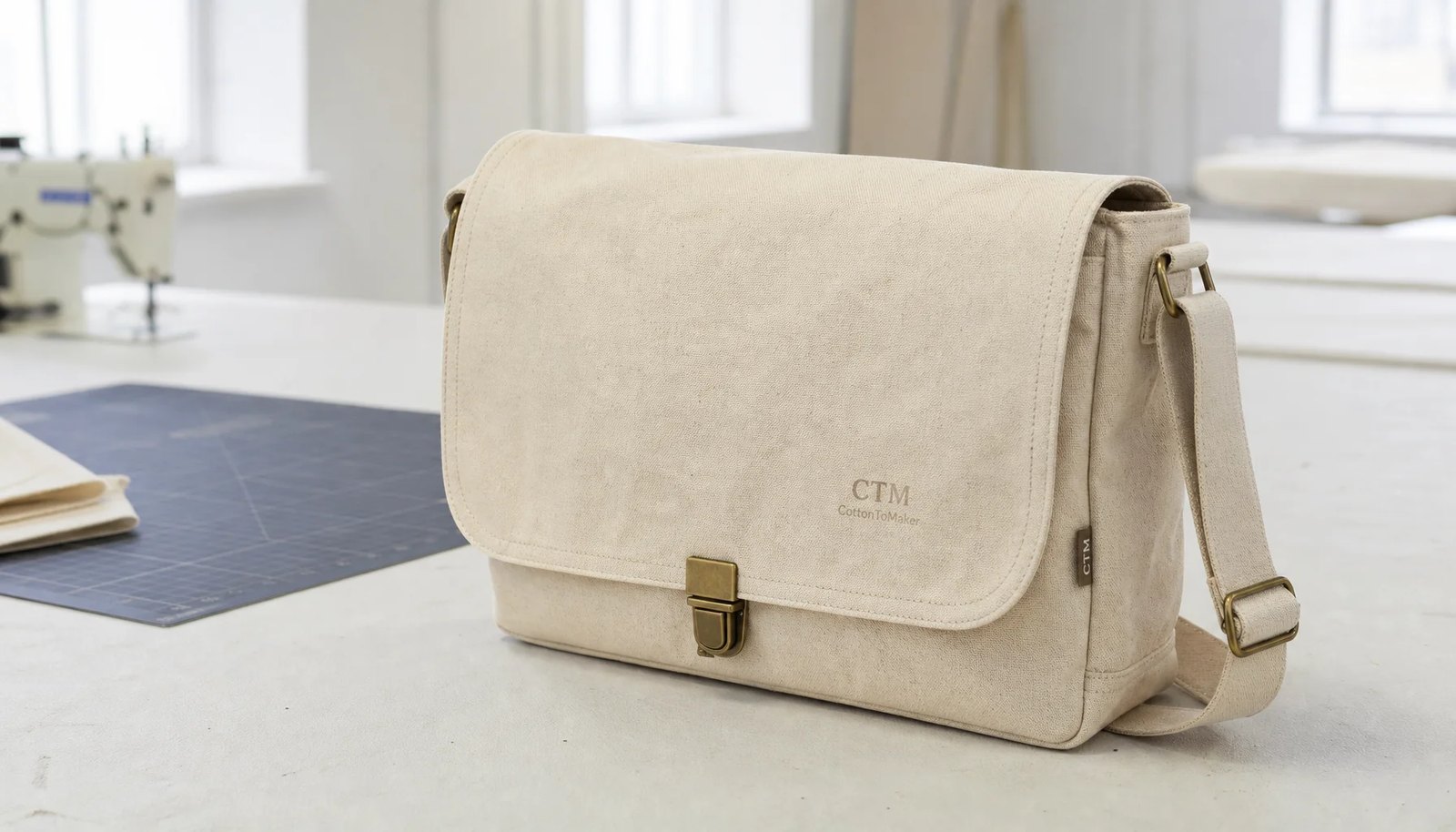 Canvas messenger bag with a small CTM / CottonToMaker sample logo in a clean factory sample room