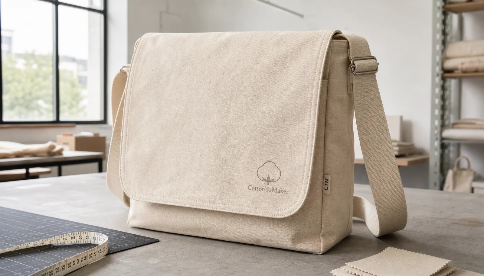 Natural canvas messenger bag sample with CTM side label and printed CottonToMaker logo