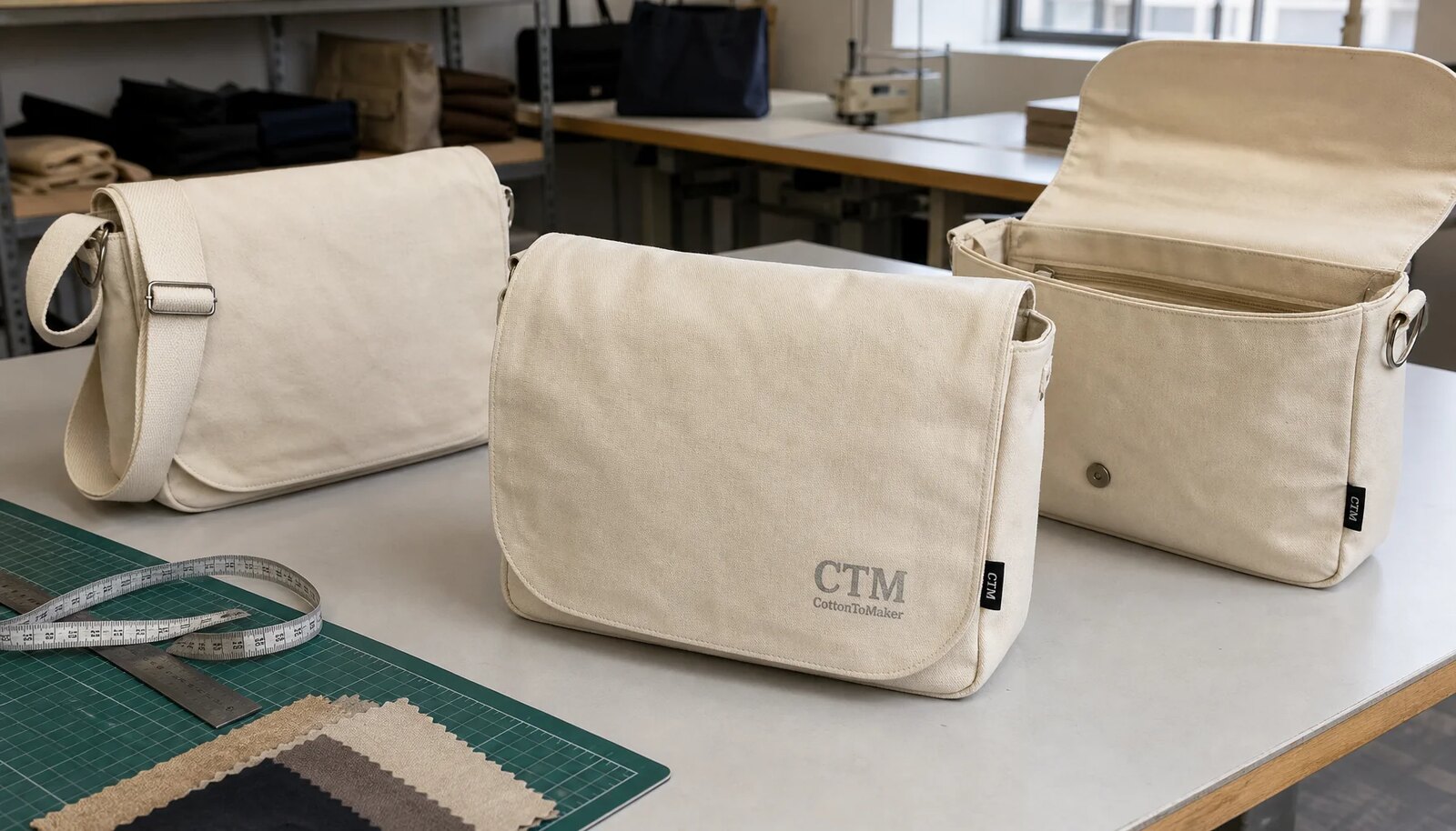 Canvas messenger bag samples with CTM CottonToMaker logo in a factory sample room