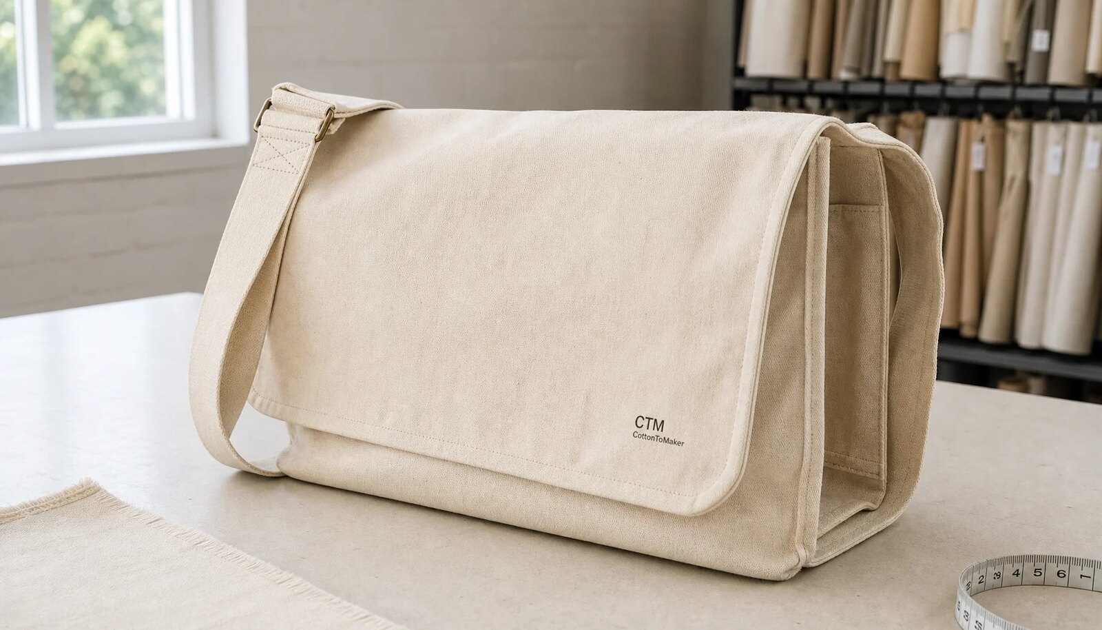 Canvas messenger bag with CTM logo, stitched seams, and cotton webbing strap in a factory sample room