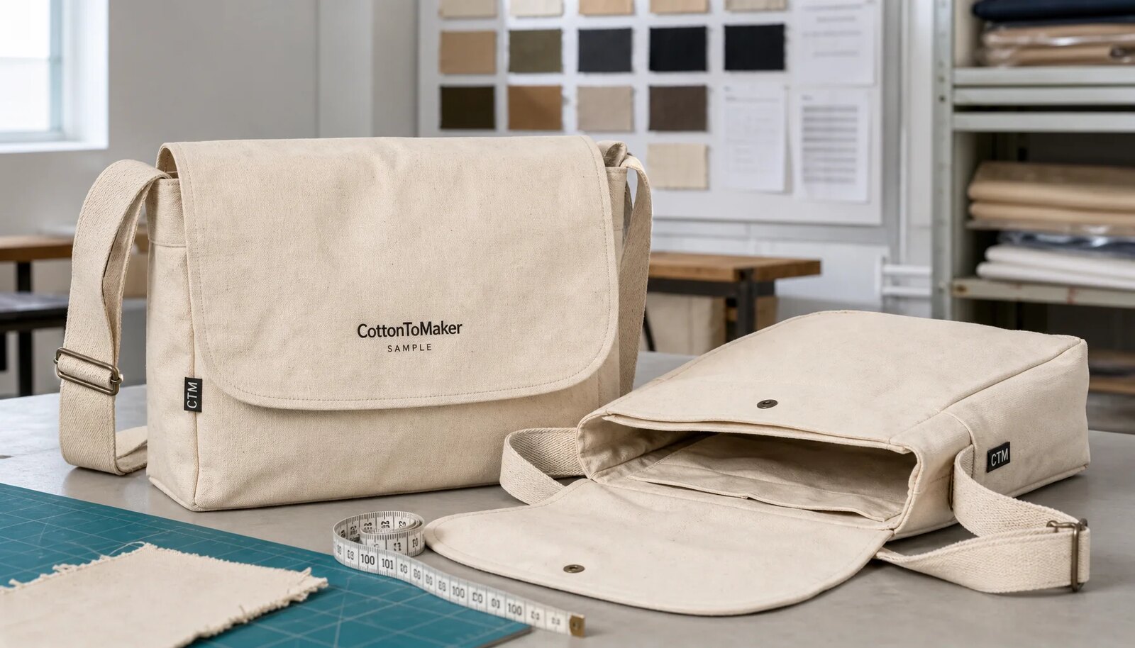 Natural canvas messenger bag sample with CTM woven label and CottonToMaker logo on front flap