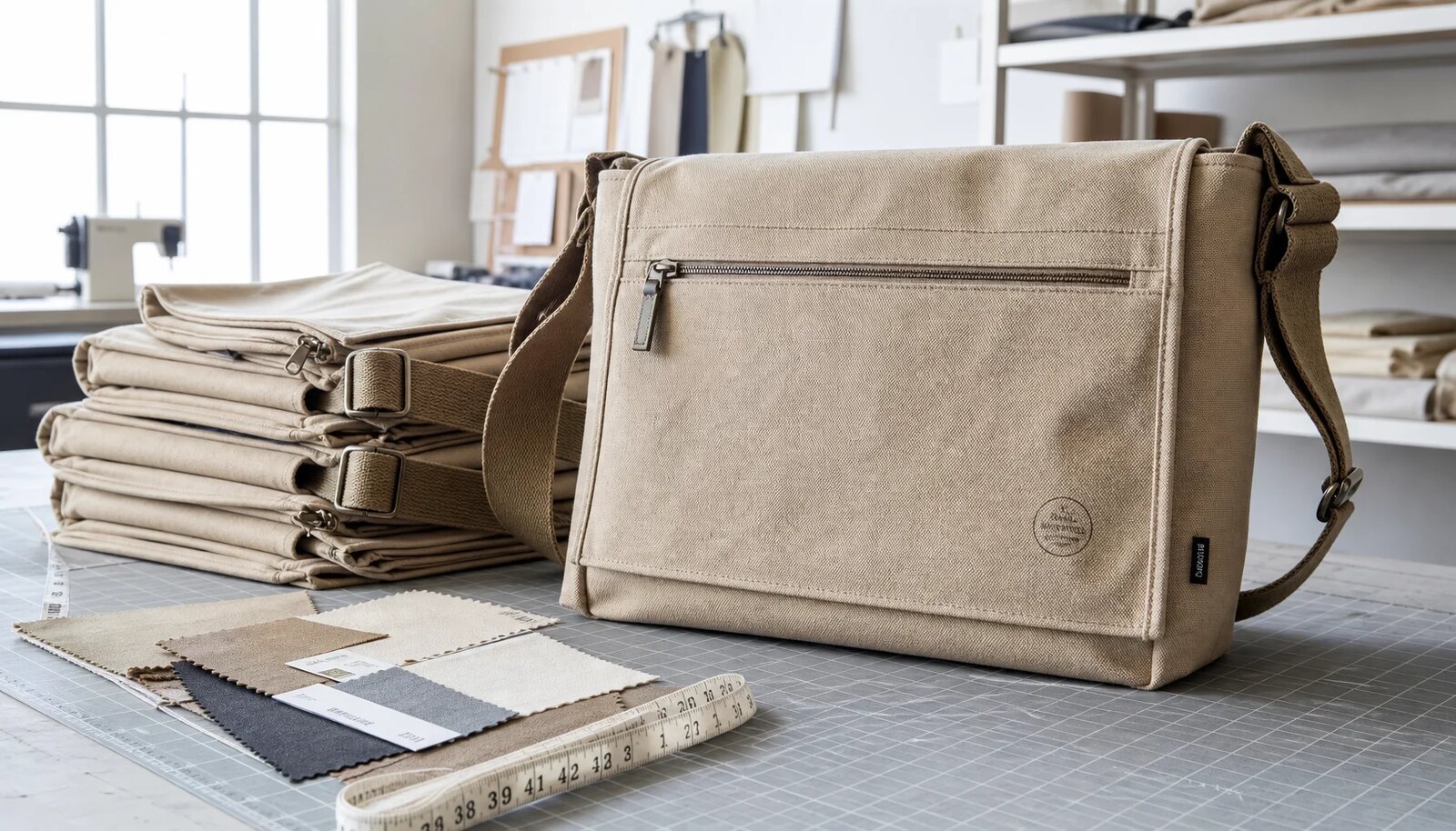 Photorealistic canvas messenger bag sample with a small CTM label in a factory sample room