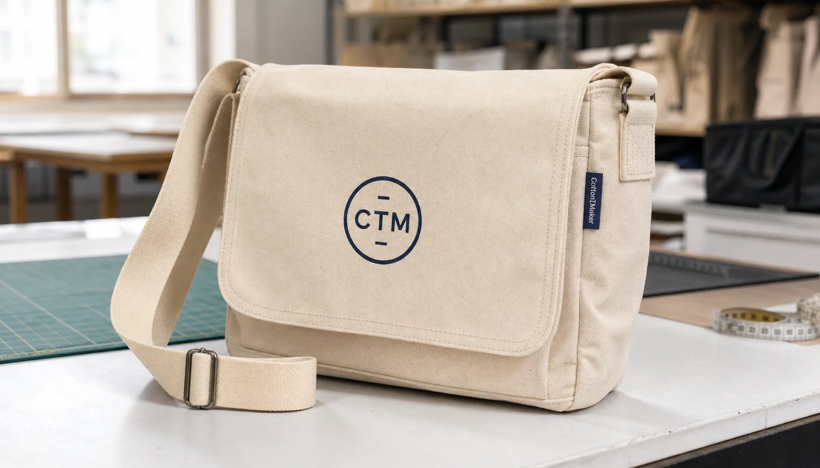 Natural canvas messenger bag with CTM logo print and woven CottonToMaker side label in a factory sample room