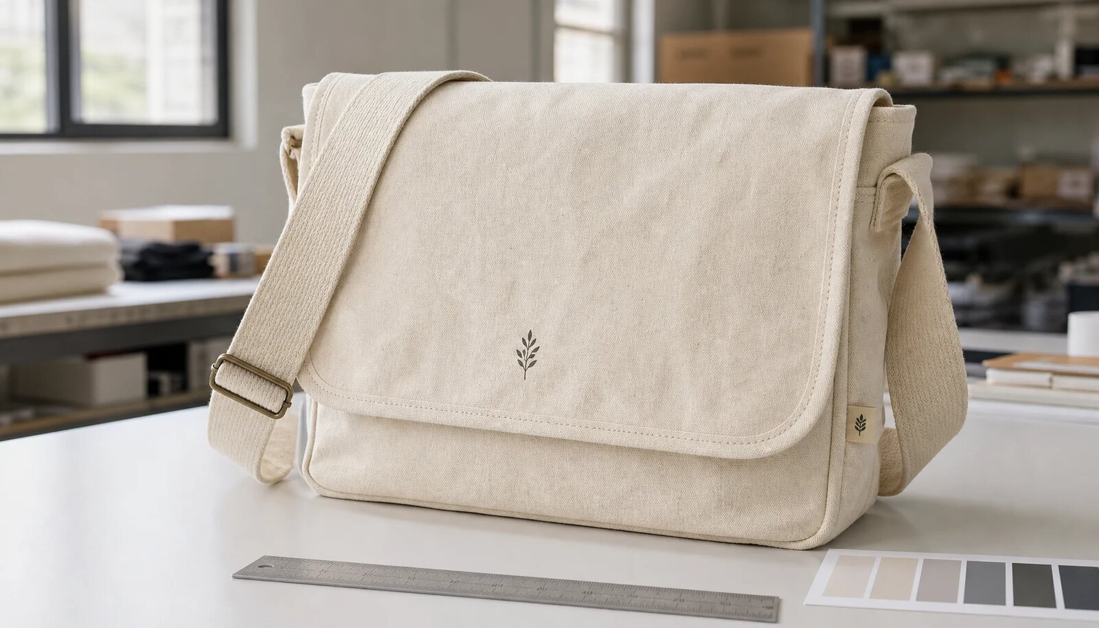 Natural canvas messenger bag with sample logo on an inspection table during print proofing