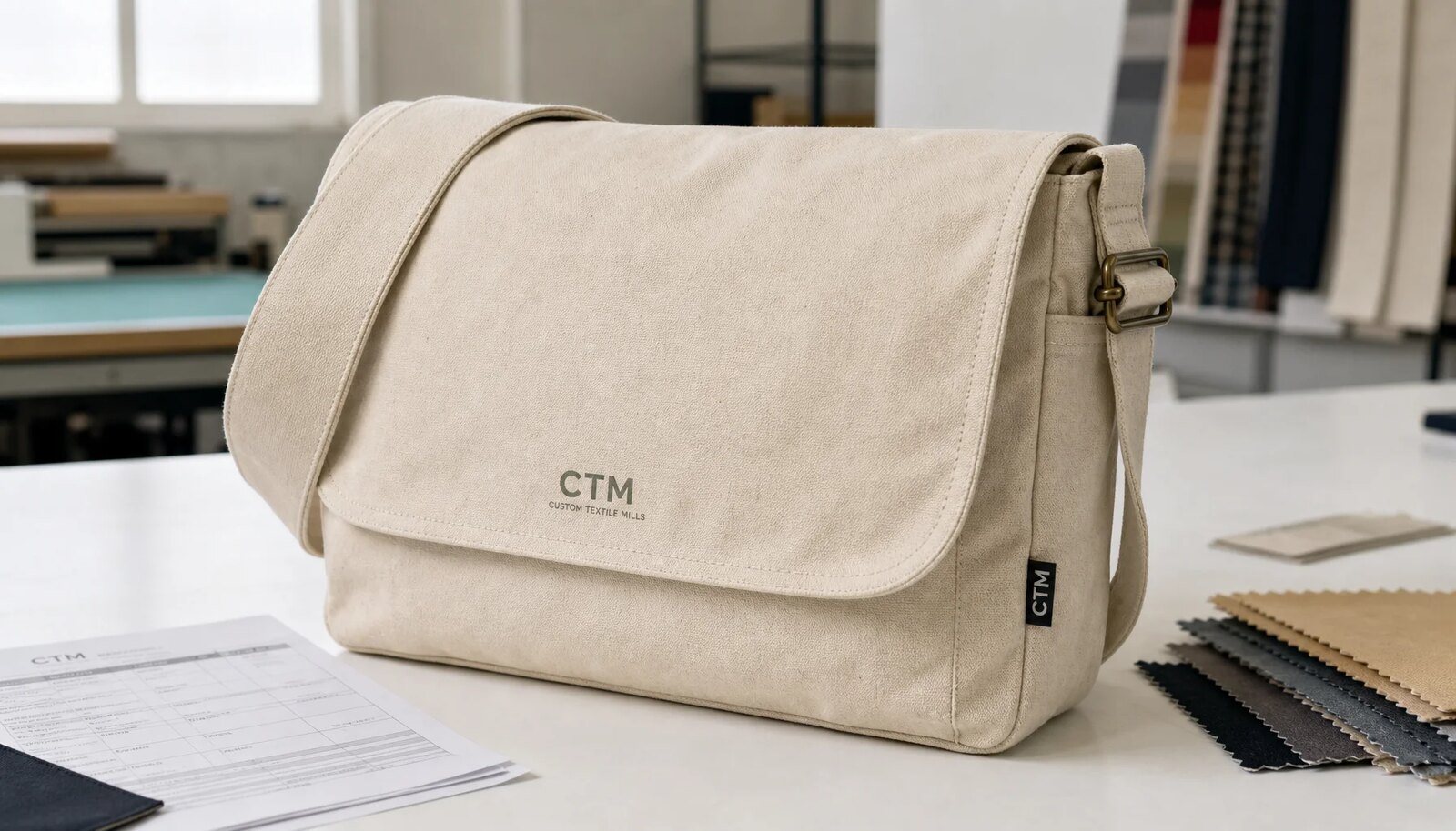 Canvas messenger bag with printed CTM sample logo, woven side label, and proofing materials on a factory sample table.