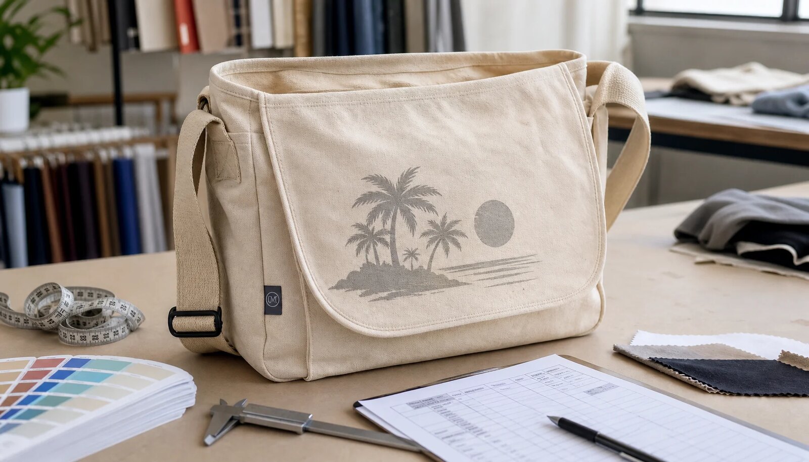 Canvas messenger bag print proof sample with CTM CottonToMaker side label, measuring tape, and fabric swatches