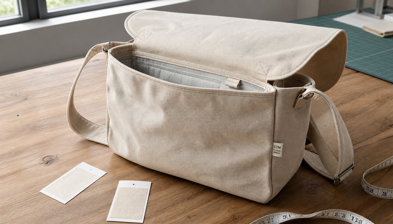 Photorealistic canvas messenger bag with a small CTM sample logo in a factory sample room