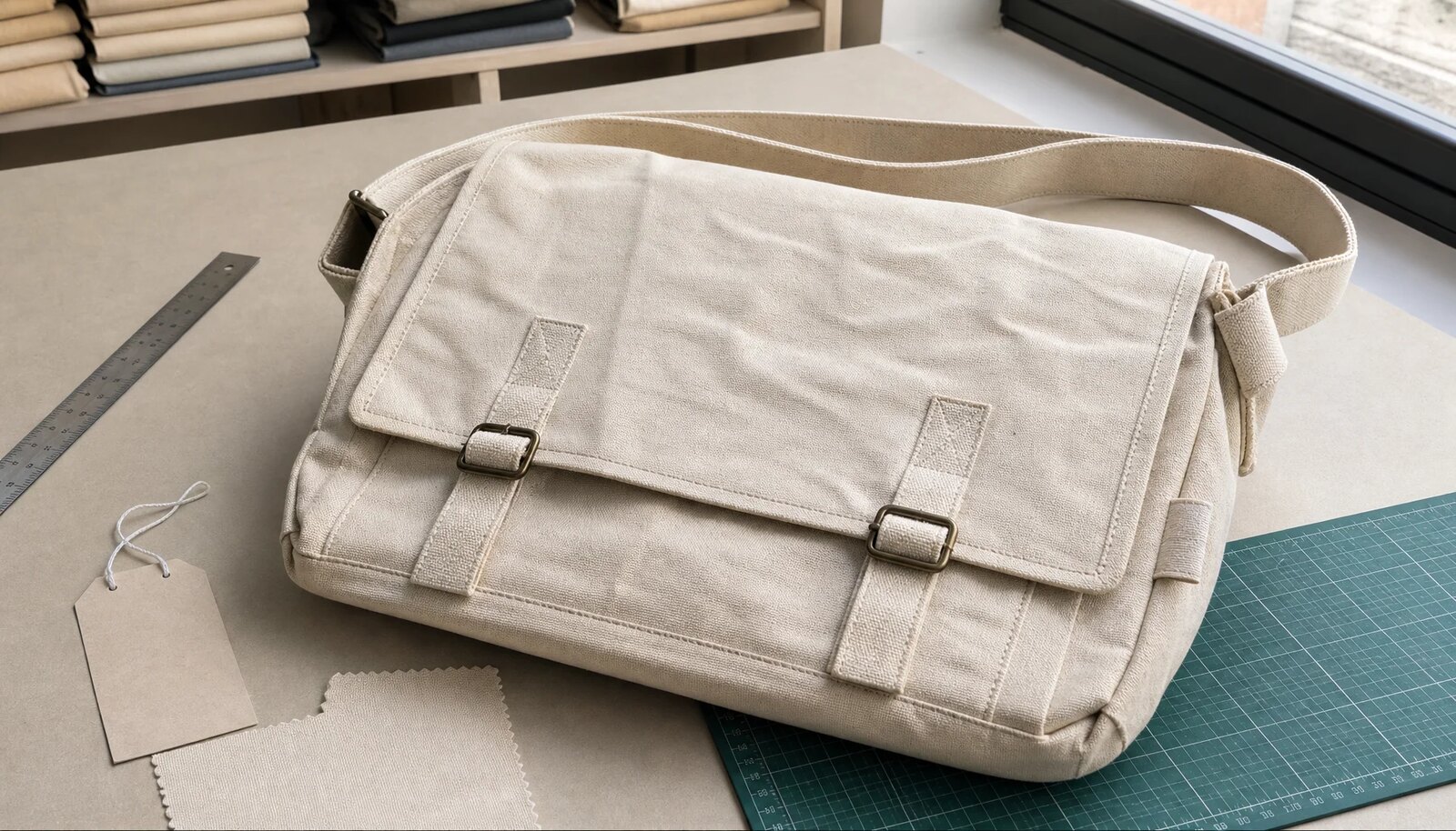 Canvas messenger bag sample laid flat in a factory sample room with visible stitching and hardware
