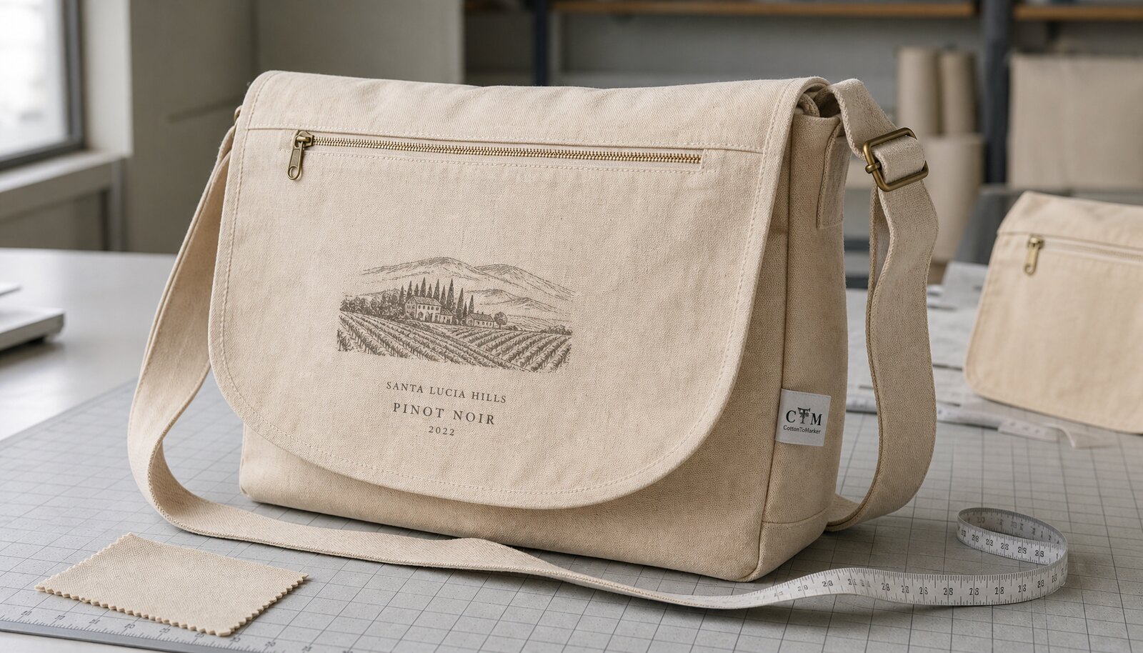 Natural canvas messenger bag with a sewn CottonToMaker side label photographed in a clean factory sample room