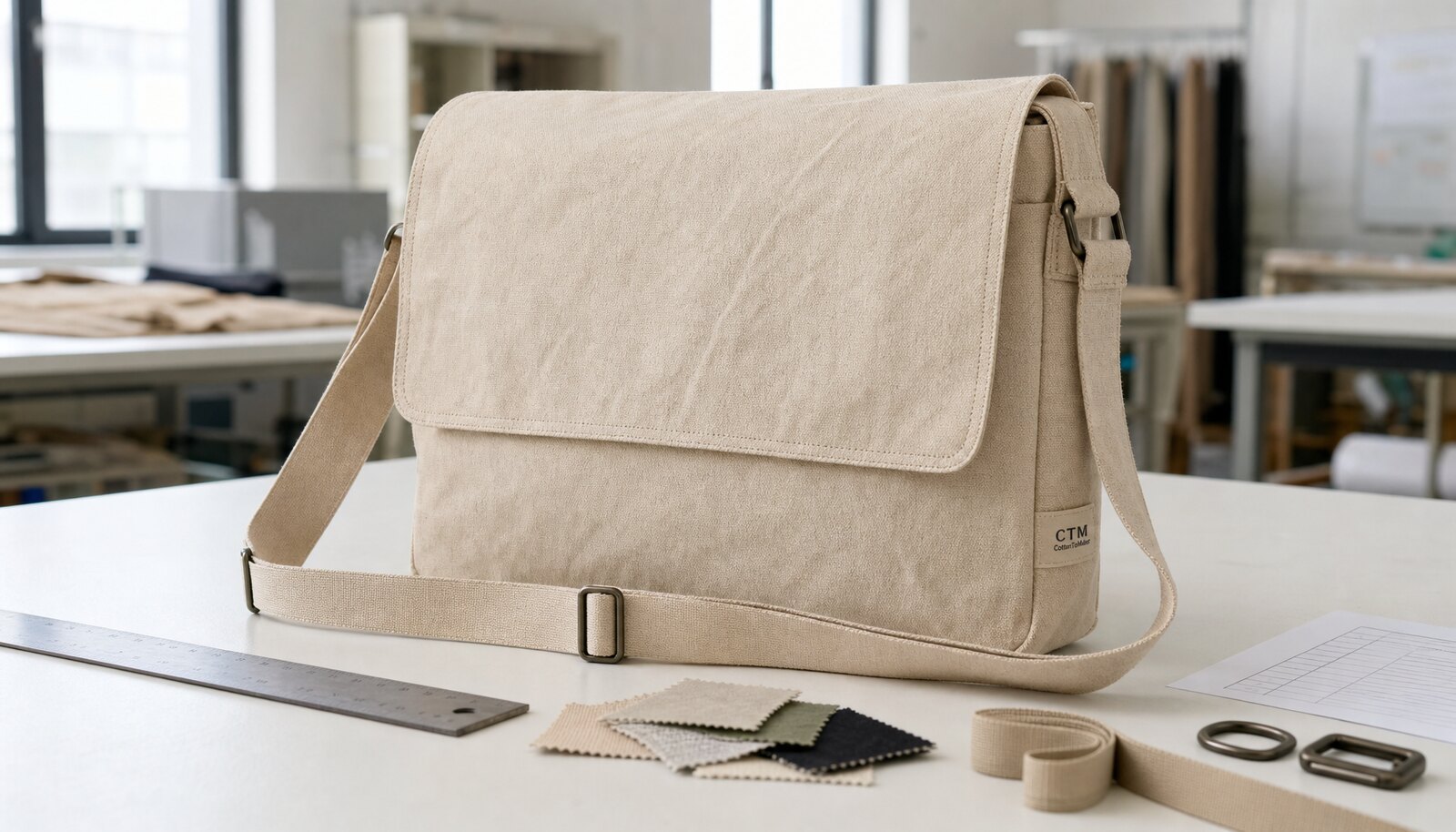 A natural canvas messenger bag with a small CTM/CottonToMaker woven side label shown in a factory sample room for quality inspection.