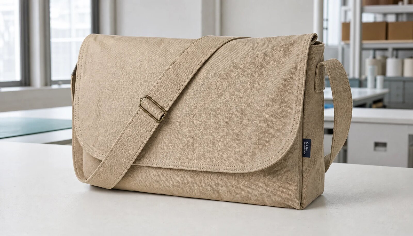 Photorealistic canvas messenger bag with reinforced stitching and a small CTM woven side label in a clean factory sample room.