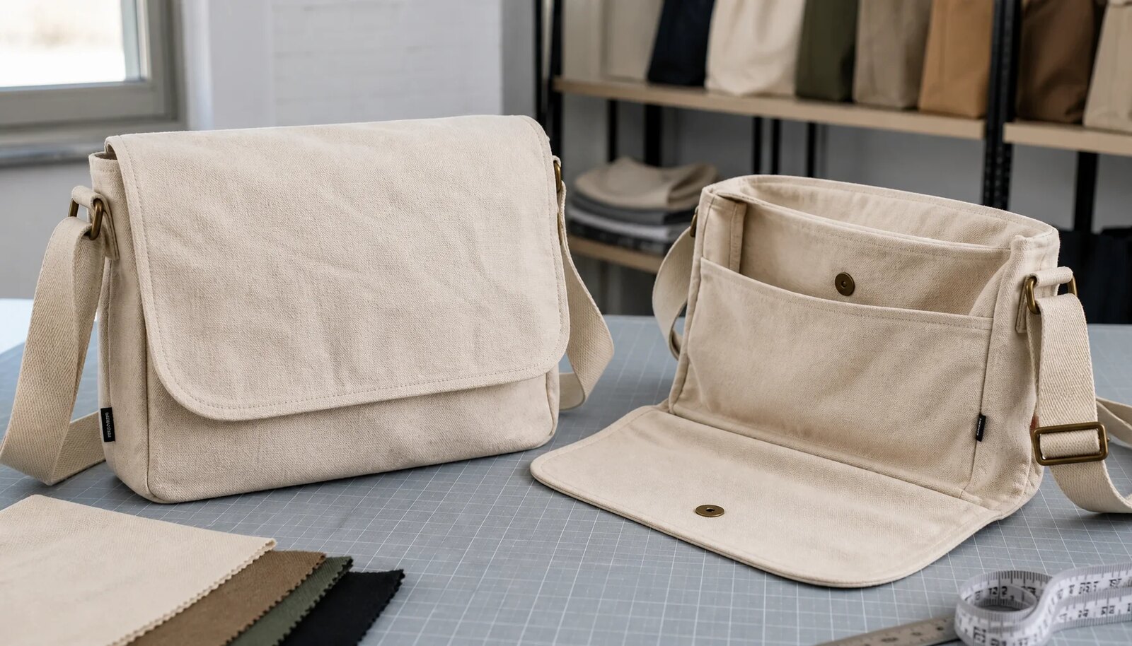 Natural canvas messenger bag sample with CTM woven side label, adjustable strap, flap closure, reinforced tabs, and visible stitching details