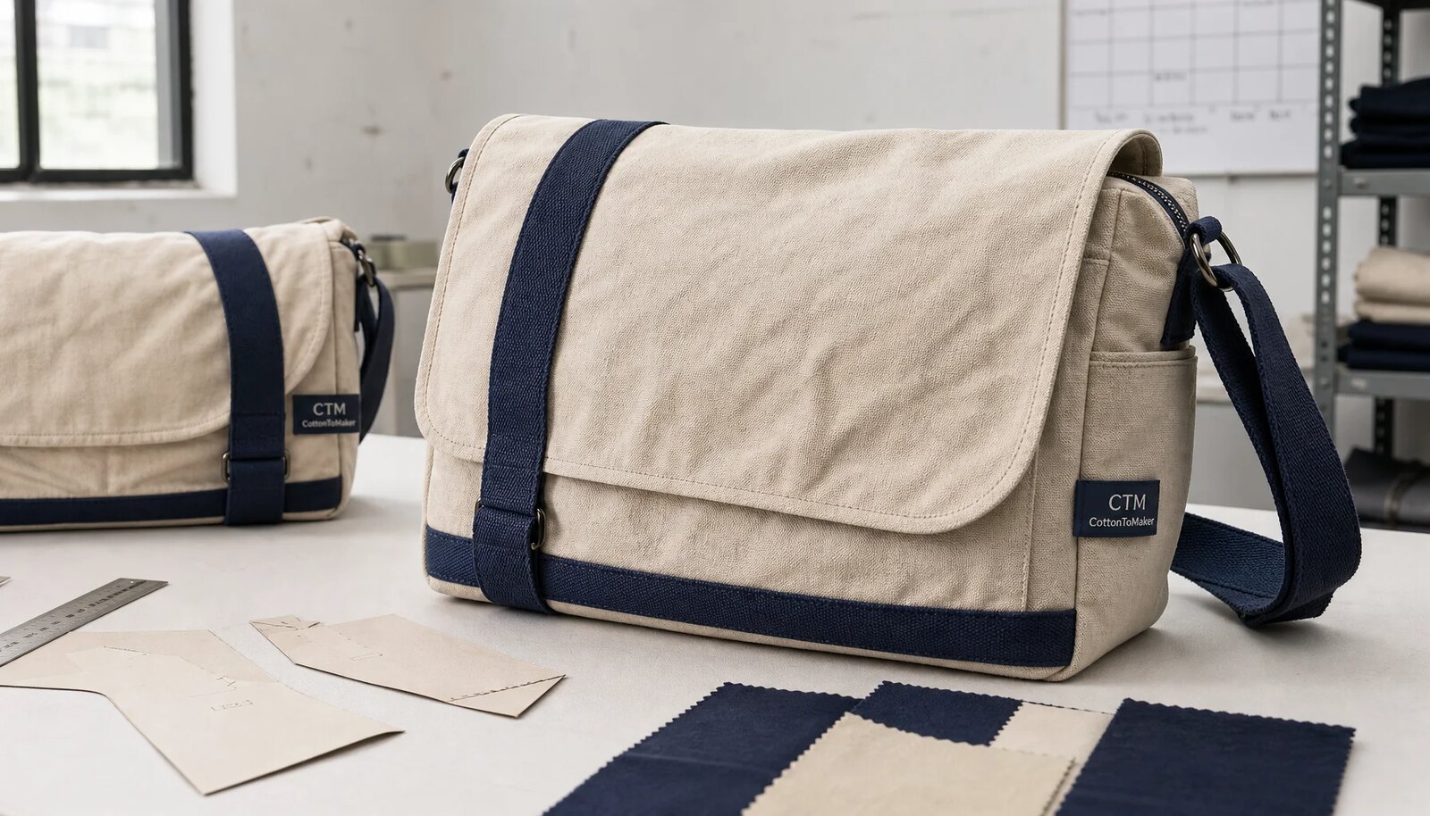 Canvas messenger bag sample with reinforced strap anchors and CTM label in a factory sample room.