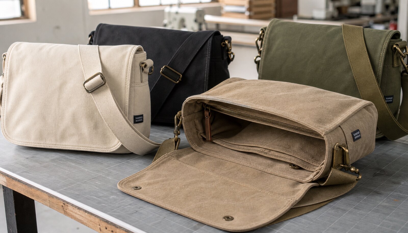 Canvas messenger bags with a small CTM sample label shown in a factory sample room