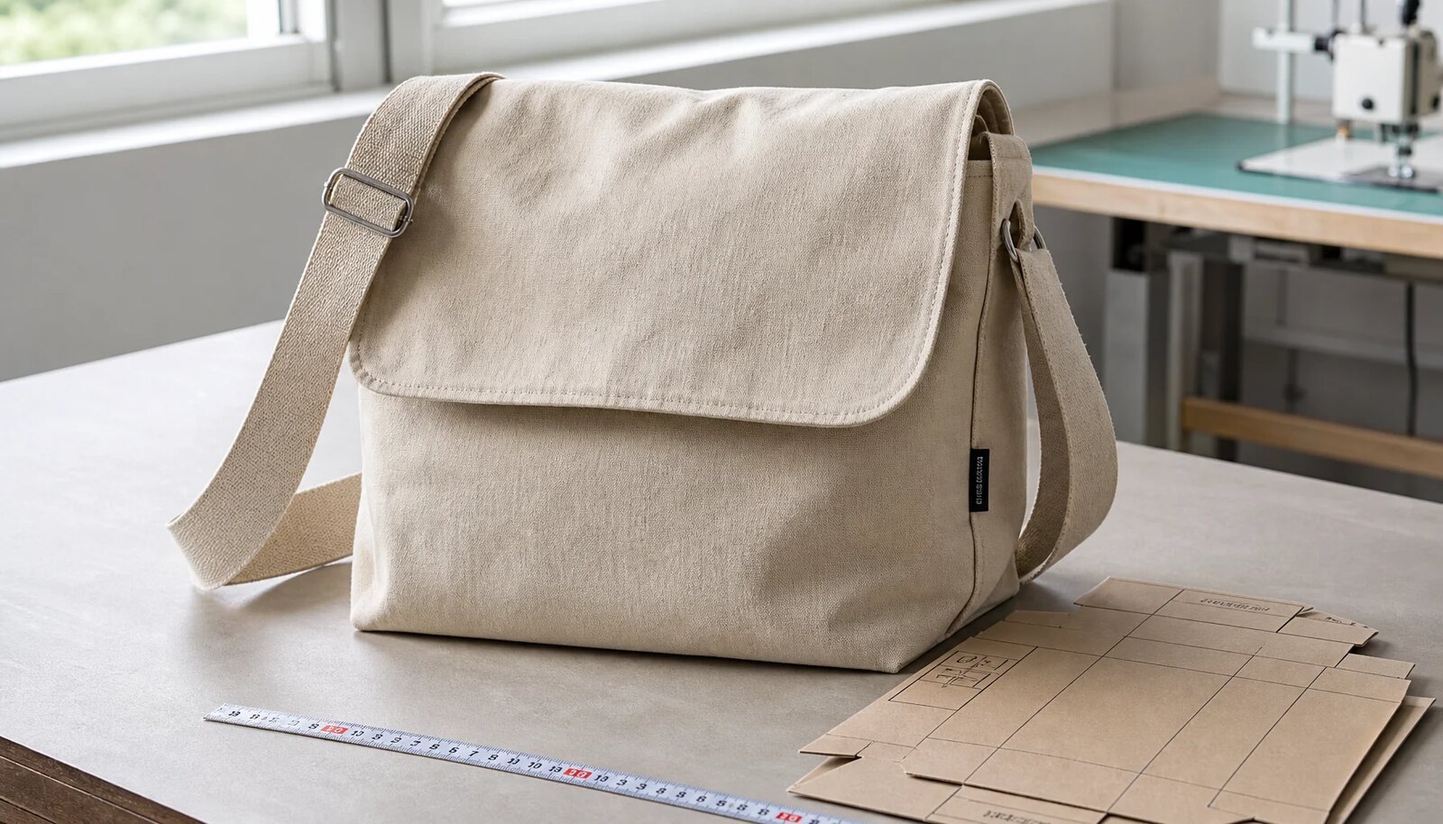 Natural canvas messenger bag with a small CTM side label, shown in a clean factory sample room for shipping carton planning reference.