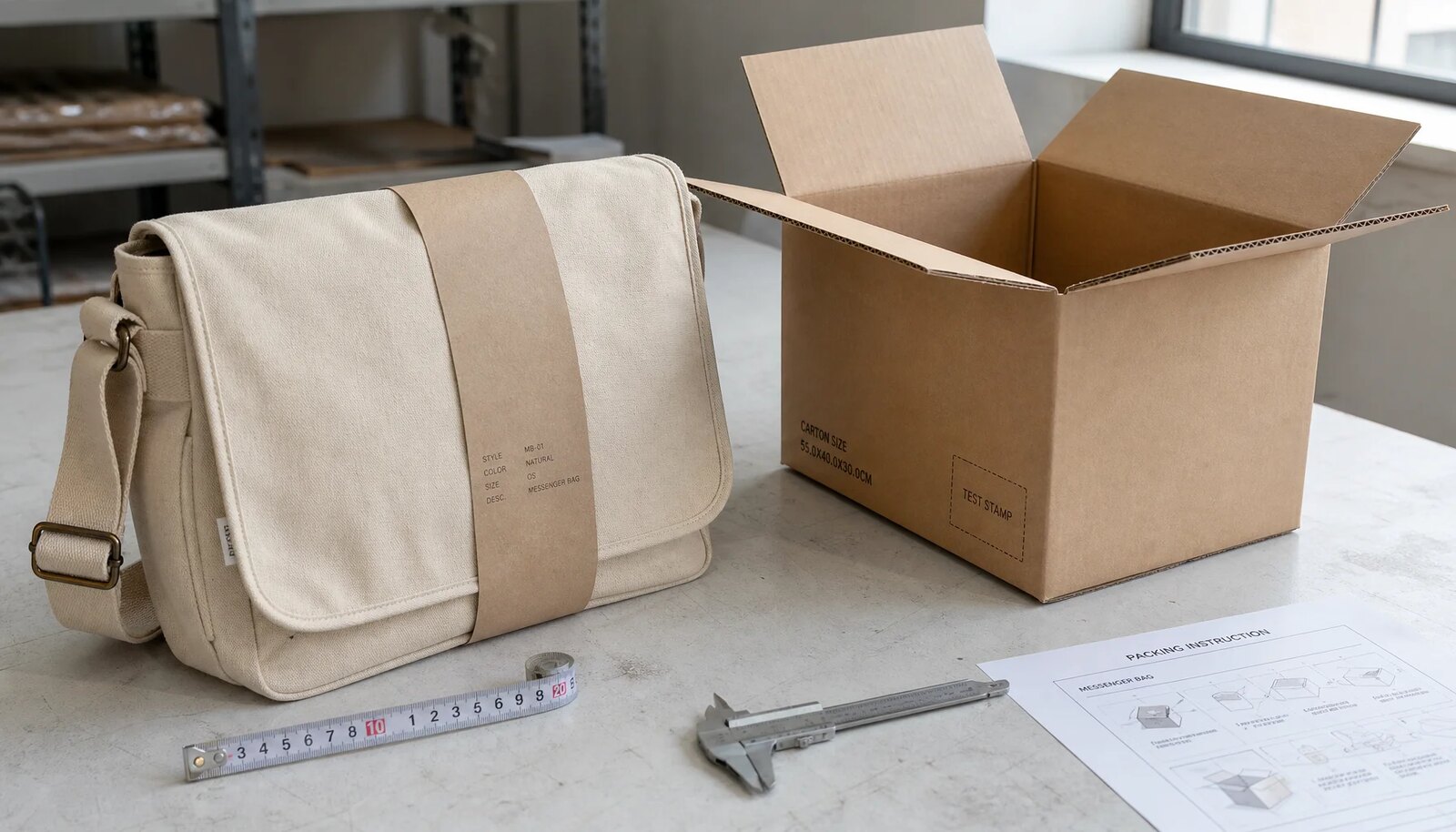 Canvas messenger bag beside recycled kraft shipping carton, measuring tape, and packing instruction sheet in a factory sample room