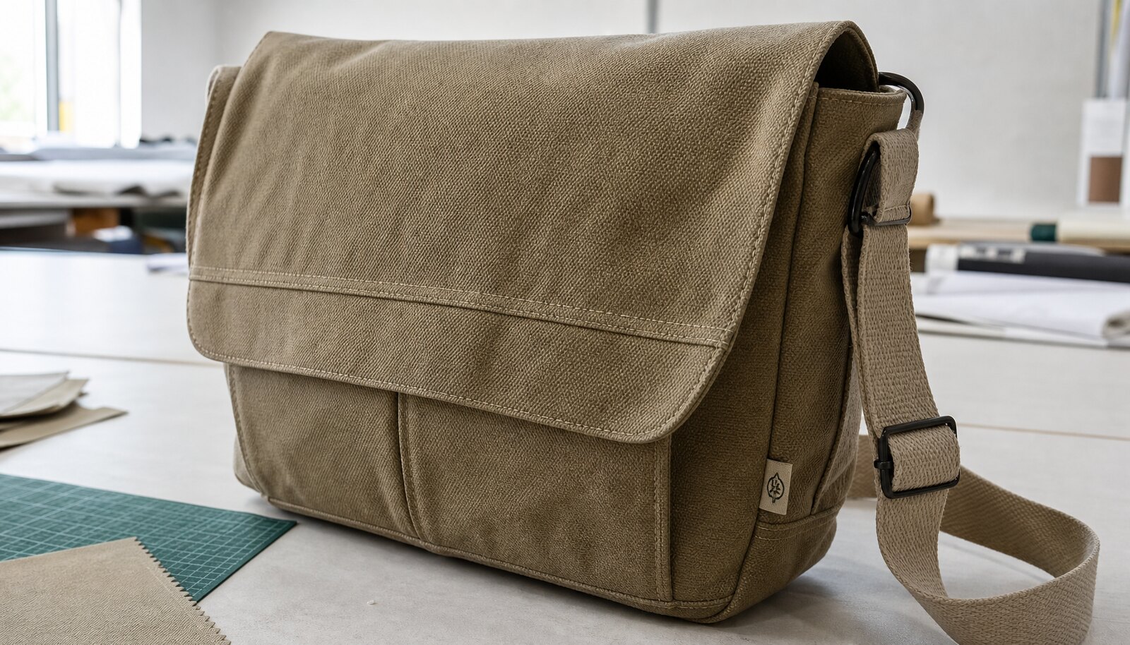 Photorealistic canvas messenger bag sample with a sewn CTM side label in a clean factory room.