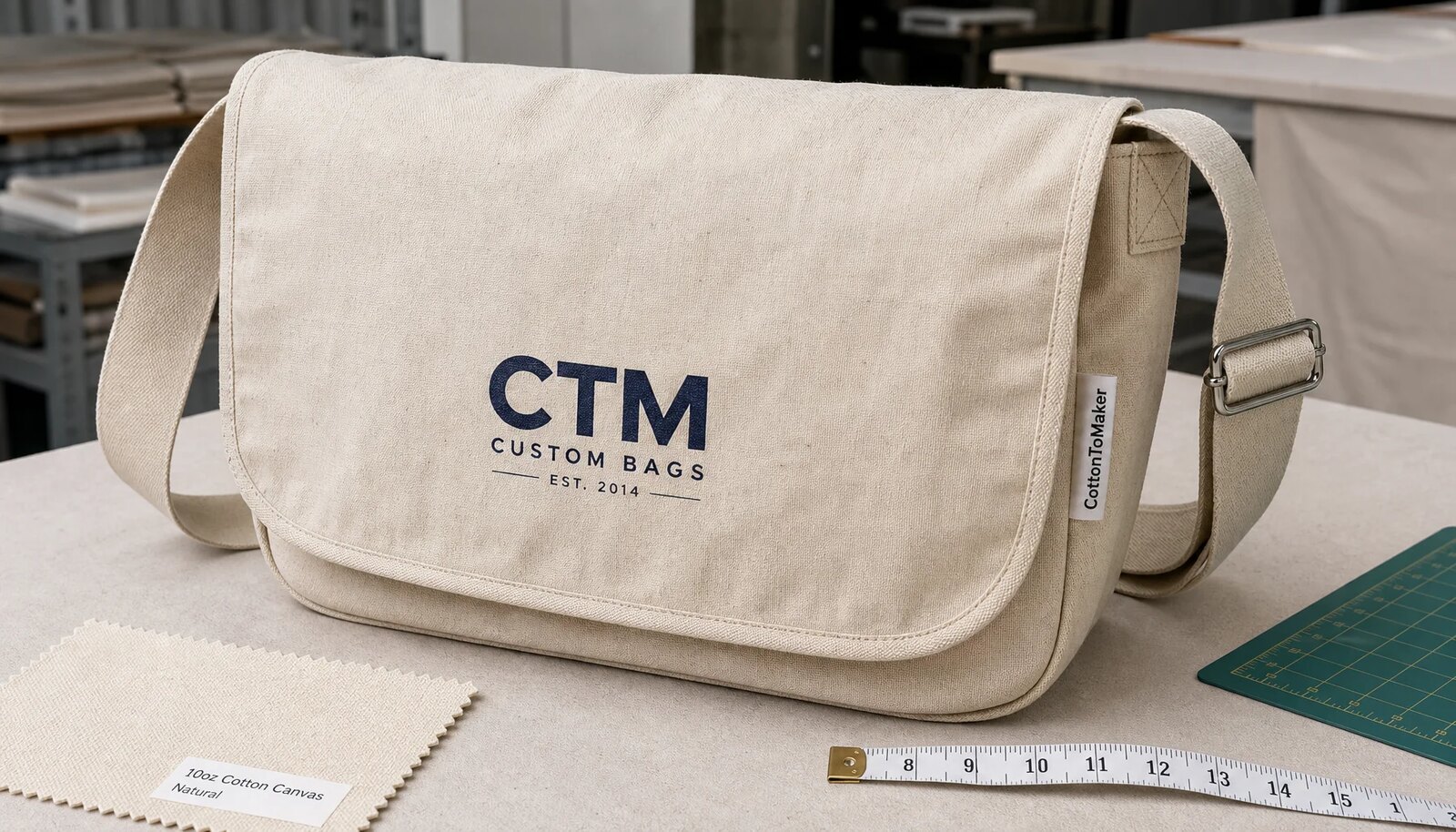 Natural canvas messenger bag with navy CTM sample logo and reinforced strap stitching