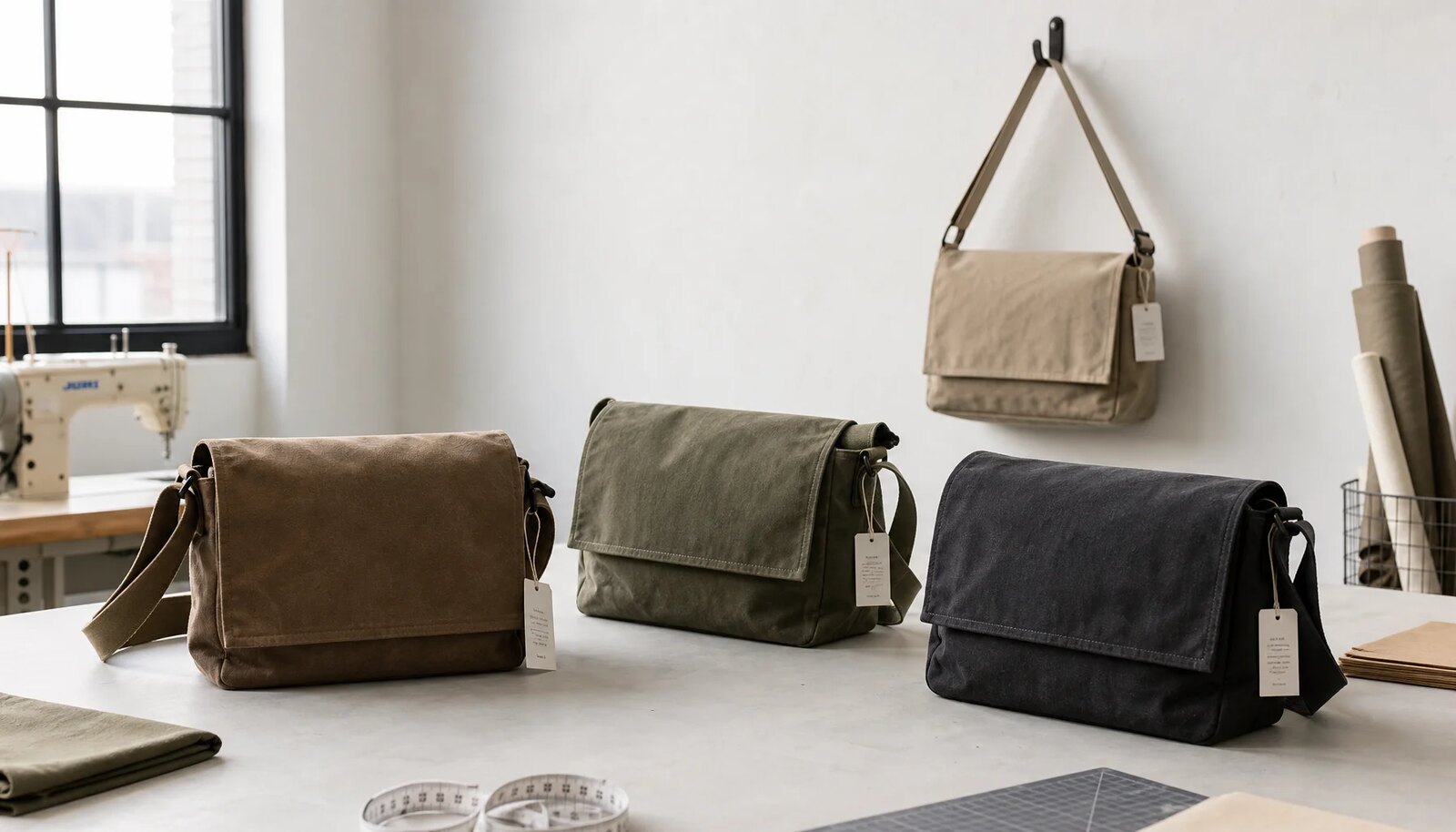 Photorealistic canvas messenger bags with a simple CTM sample logo in a factory sample room