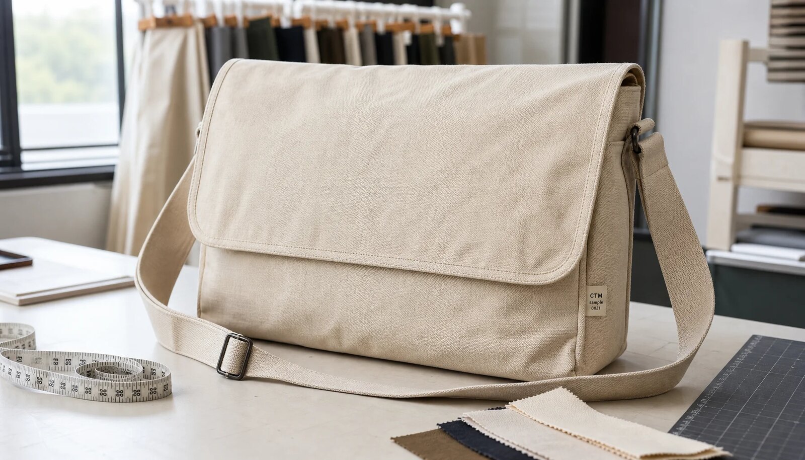 Natural canvas messenger bag sample with CTM logo in a factory sample room