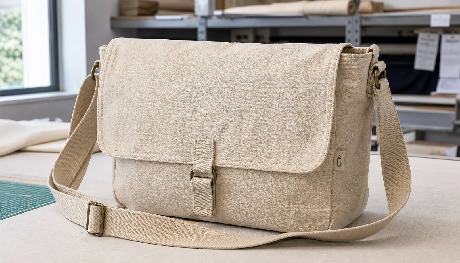 Photorealistic canvas messenger bag sample with a CTM woven side label in a clean factory room