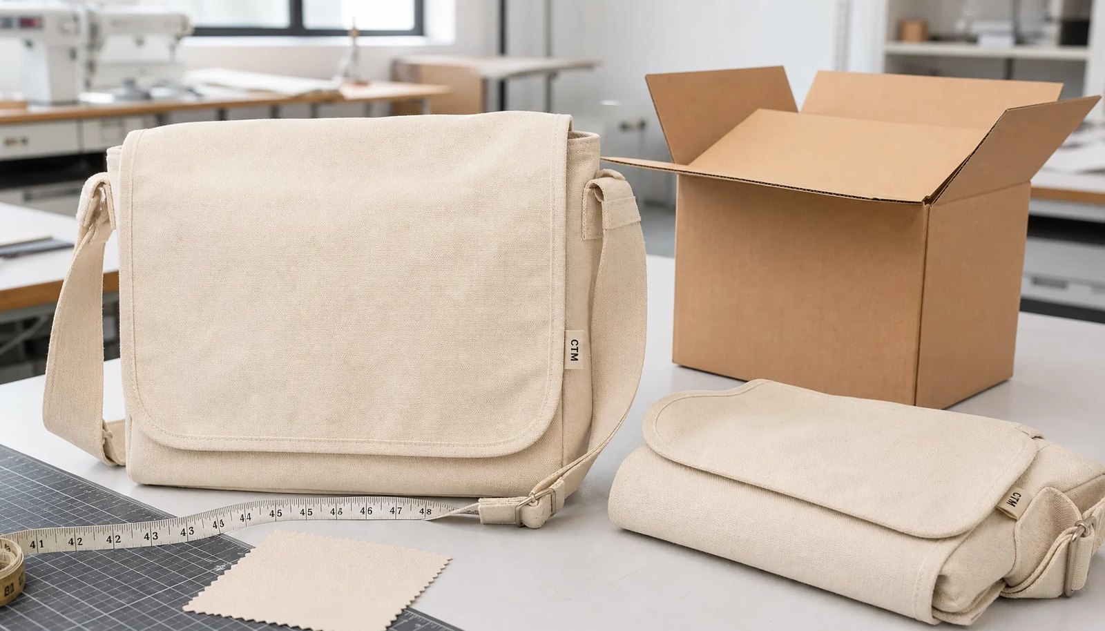 Natural canvas messenger bag with CTM woven side label beside an export carton for bookstore packing review