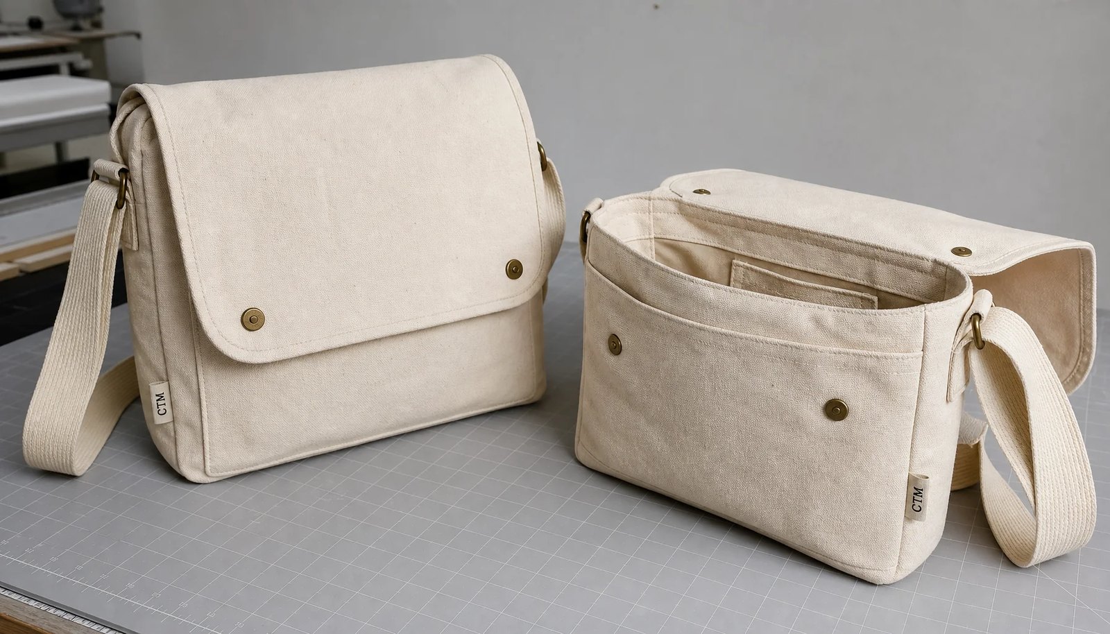 Natural canvas messenger bag sample with CTM woven side label in a clean studio setting