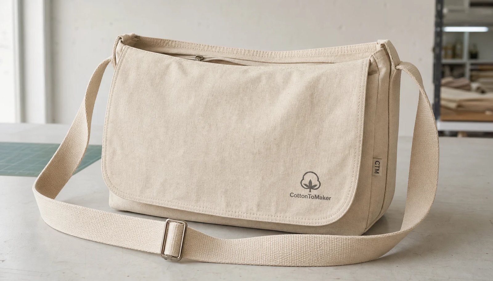 Natural canvas messenger bag sample with CTM woven label and CottonToMaker logo print