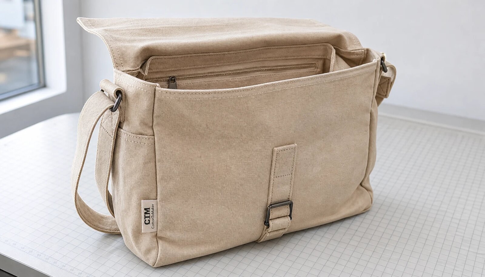 Natural canvas messenger bag with a small CTM sample logo sewn into the side label in a clean factory sample room.