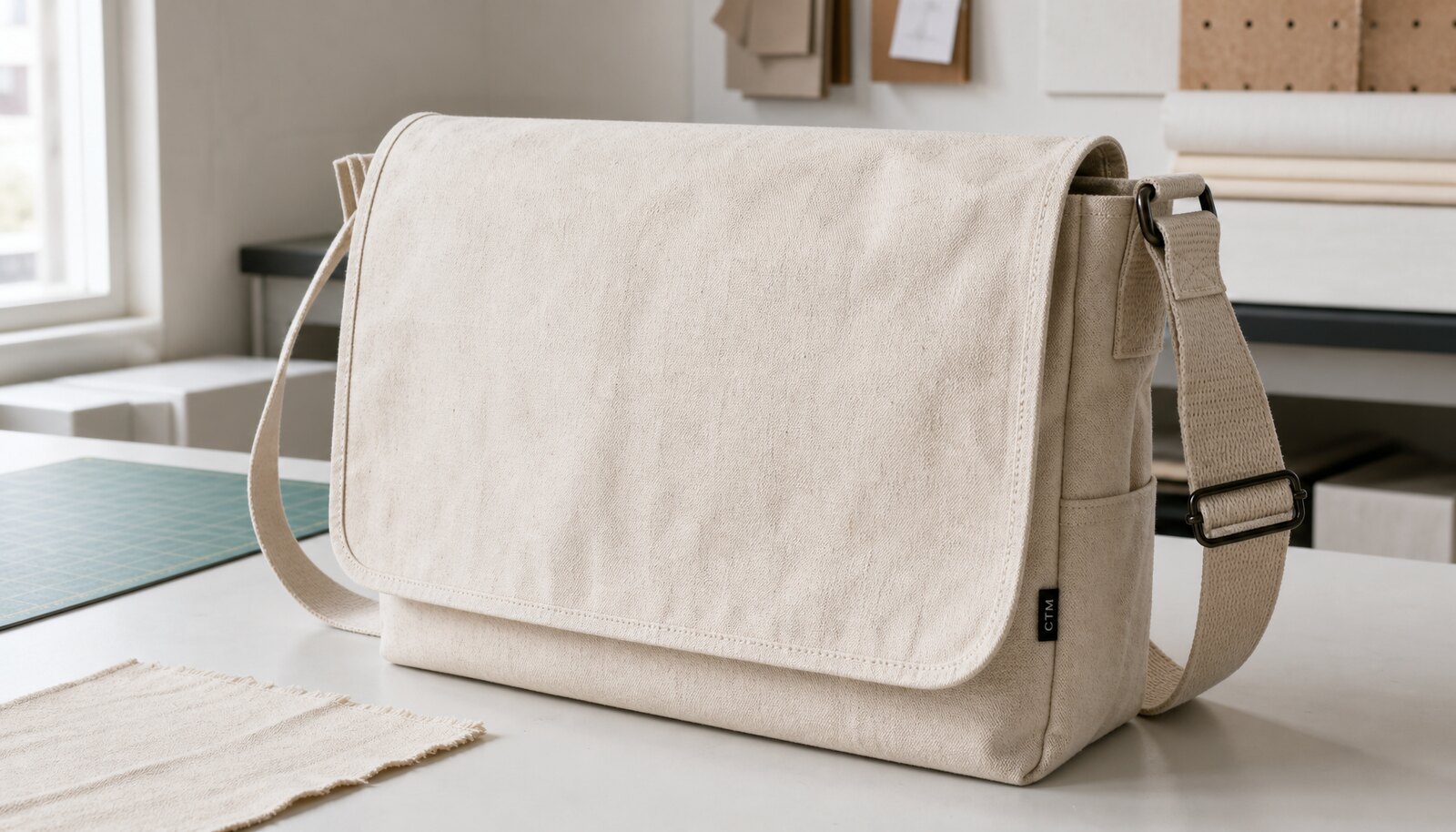 Canvas messenger bag with a sewn CTM CottonToMaker side label in a factory sample room