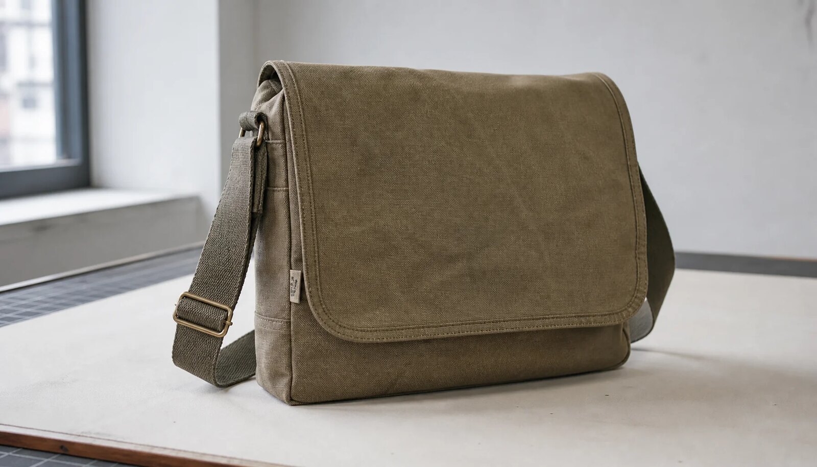 Photorealistic canvas messenger bag with adjustable strap and CTM logo in a clean sample room.