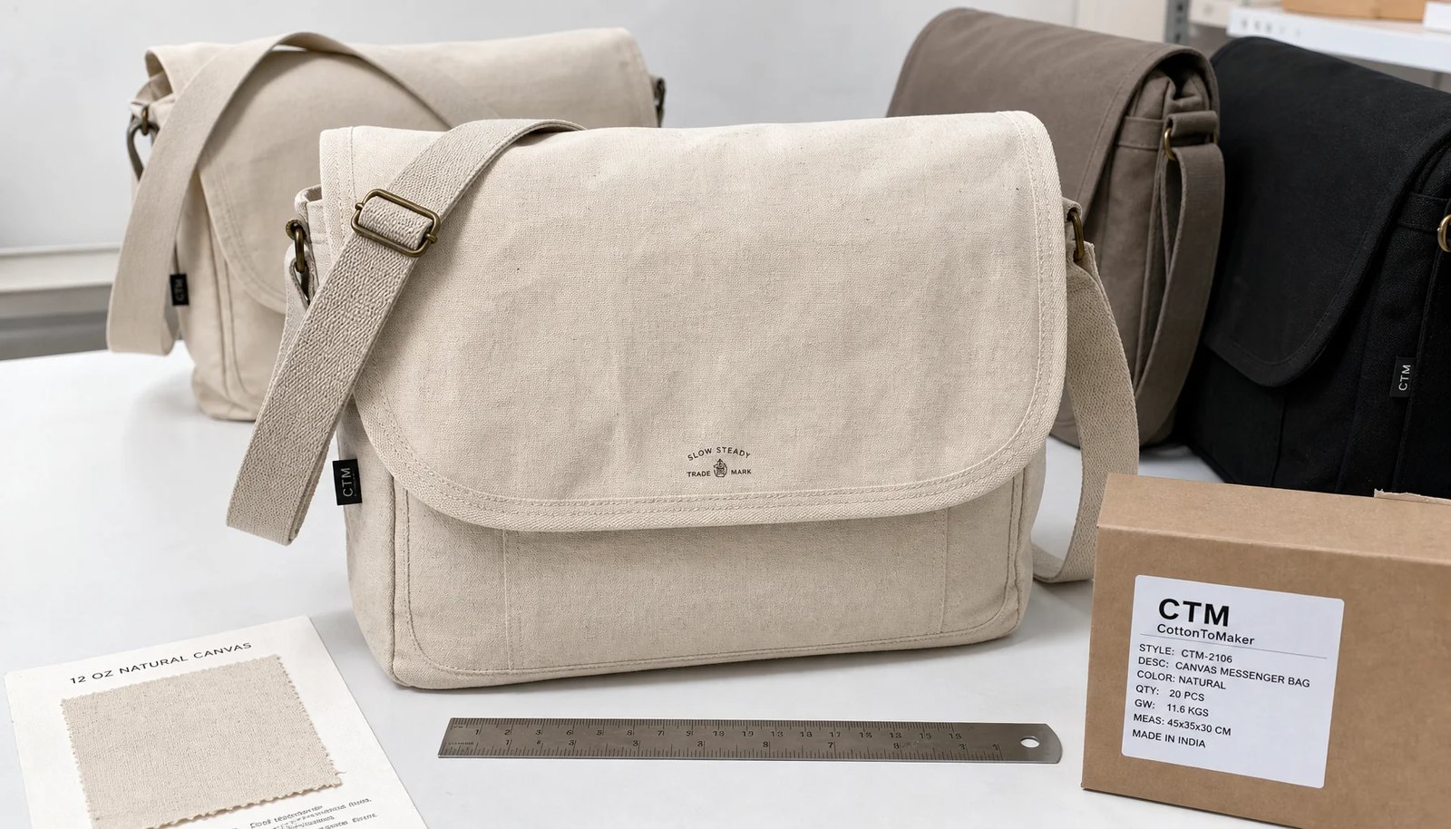 Canvas messenger bag sample with logo, fabric swatch, ruler, and carton label in a factory sample room