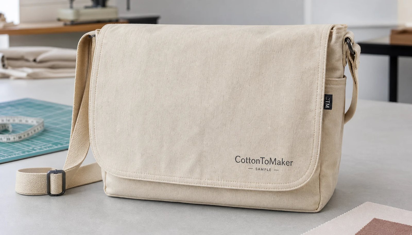 Natural canvas messenger bag sample with CTM side label and CottonToMaker logo in a clean sample room
