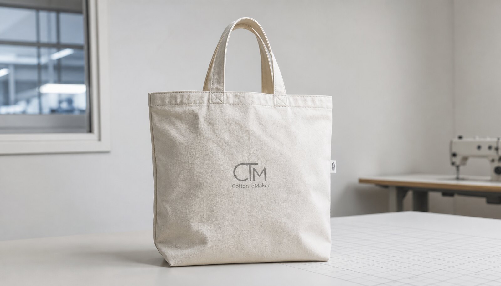 Photorealistic canvas tote bag sample with a simple CTM/CottonToMaker logo printed on the front in a factory sample room