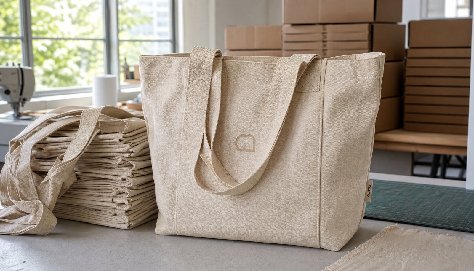 Photorealistic canvas tote bags with a simple CTM CottonToMaker sample label in a clean factory sample room