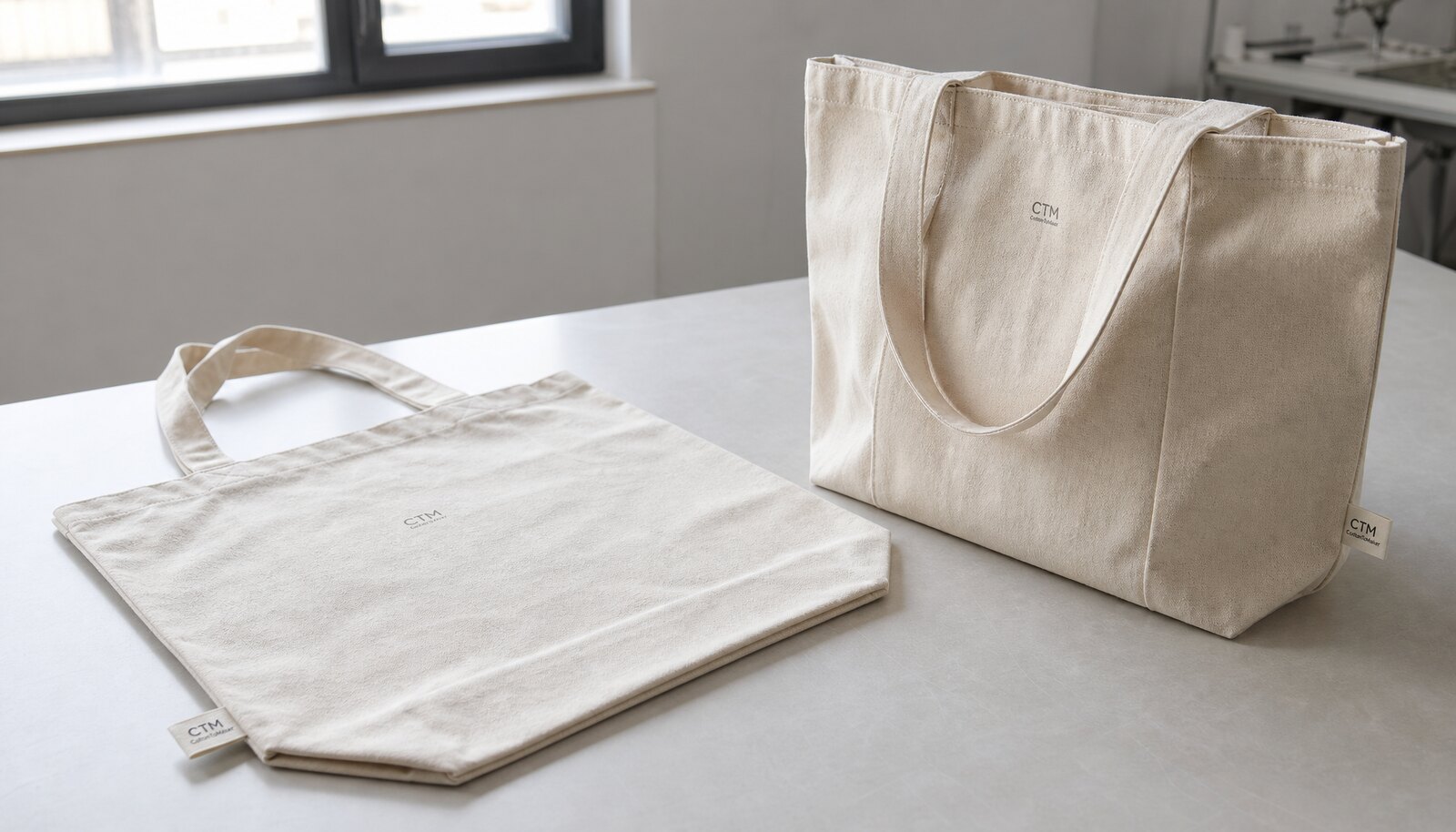 Natural canvas tote bag with a sewn CTM side label in a clean factory sample room
