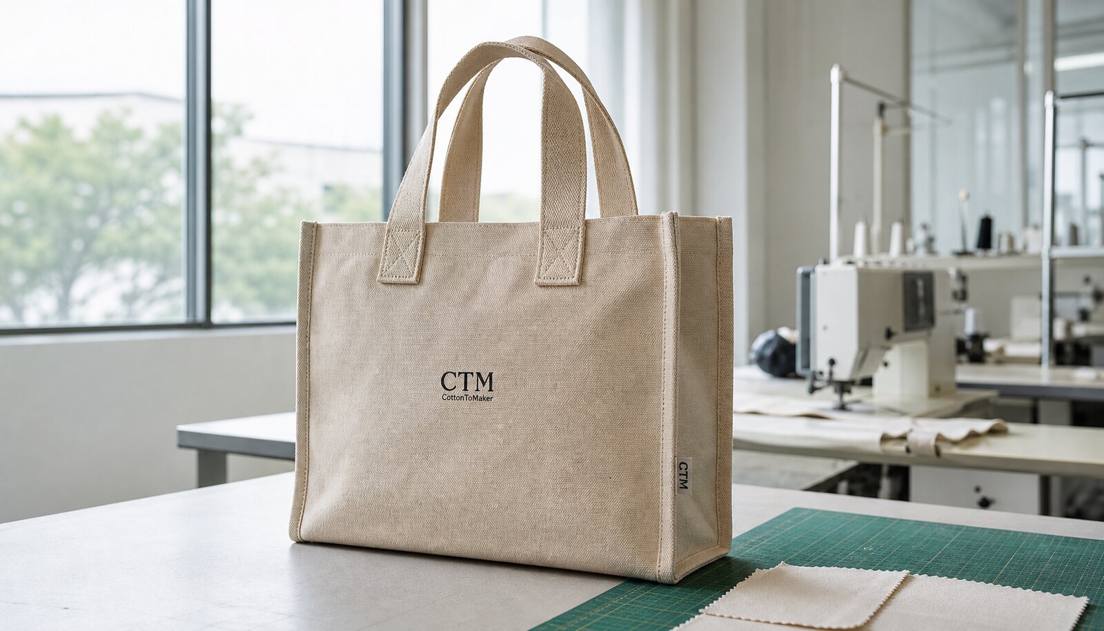 Natural canvas tote with a CTM/CottonToMaker sample logo in a factory sample room.