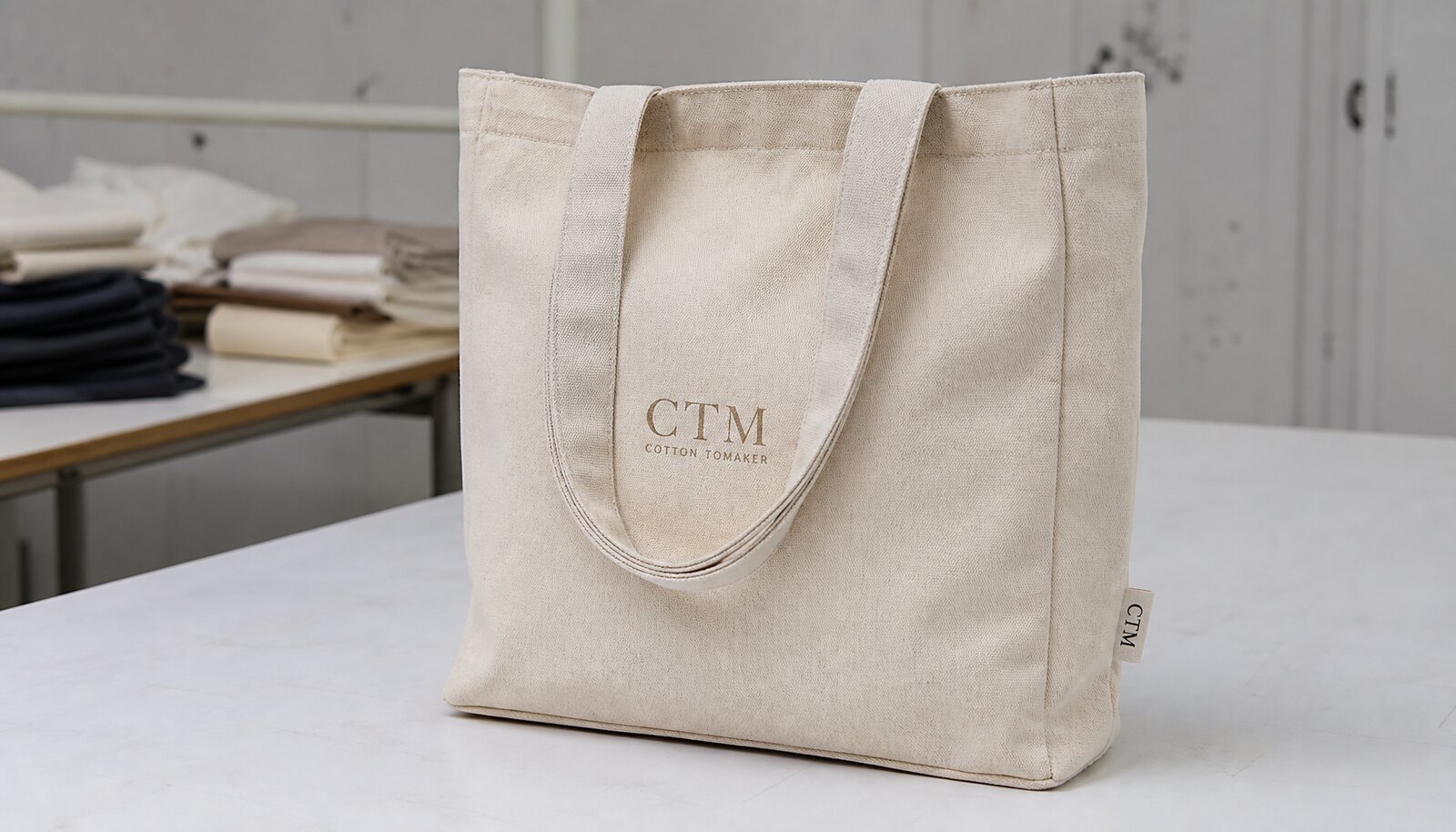Natural canvas retail merchandise tote bag with a small CottonToMaker side label in a clean sample room