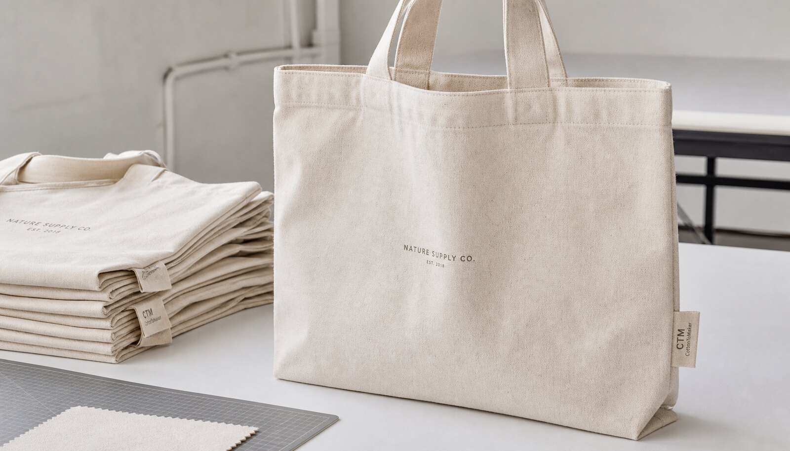 Canvas retail merchandise bag with a small CottonToMaker woven side label displayed in a factory sample room