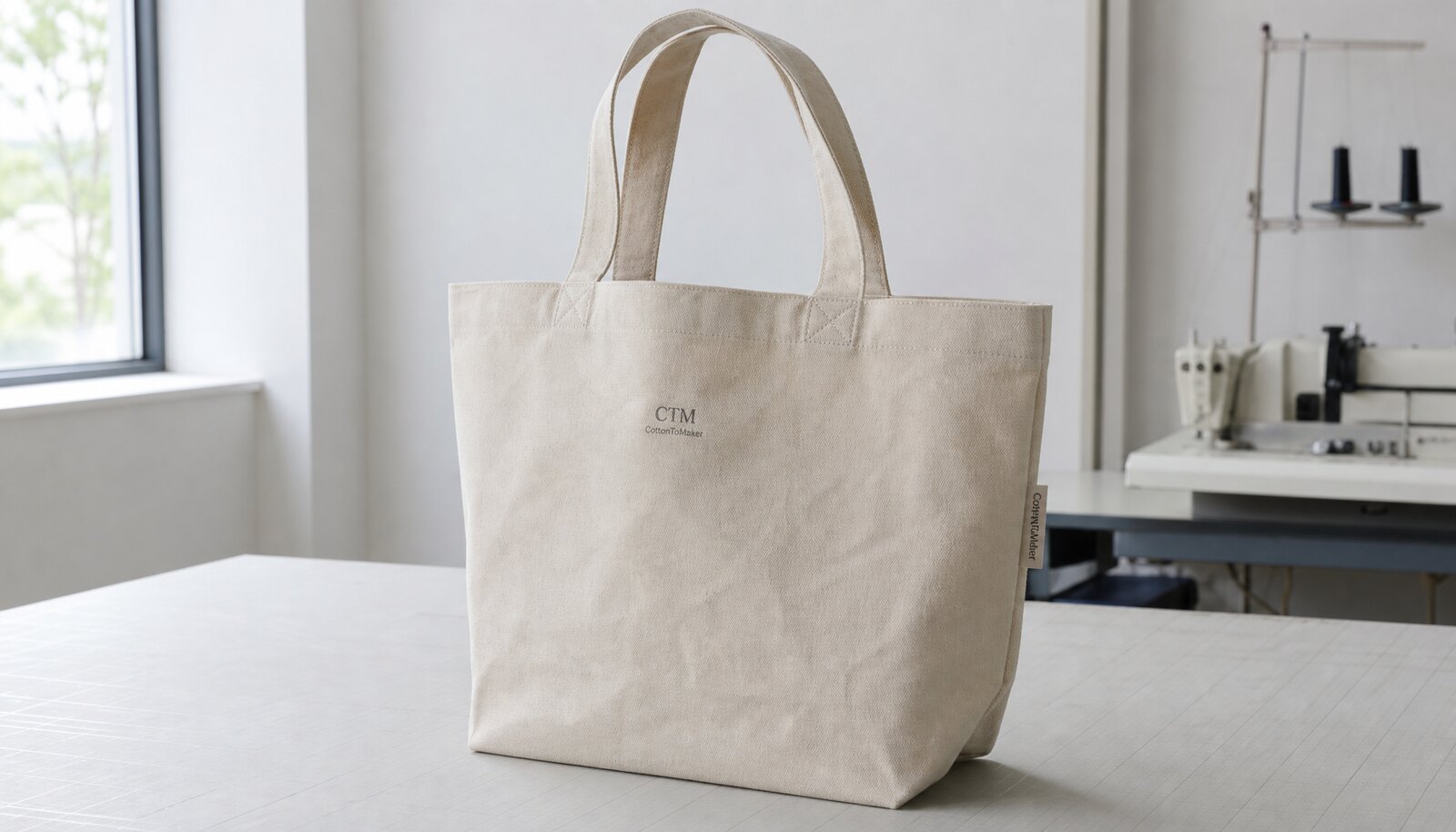 Natural canvas bookstore tote bag with a CTM side label in a factory sample room