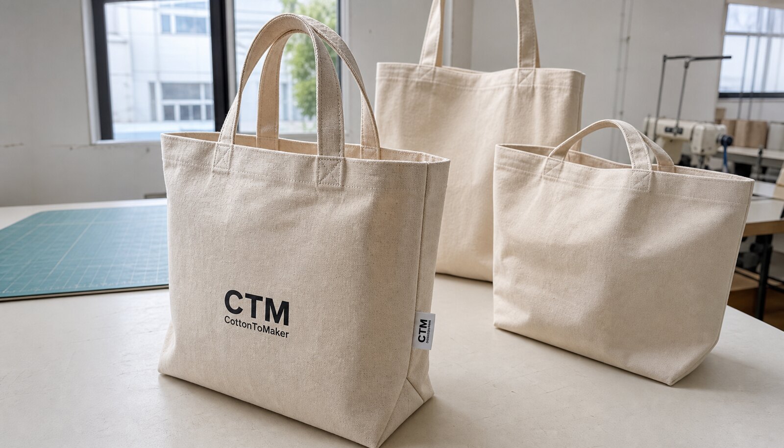 Canvas retail merchandise bags for boutiques with a CTM sample logo in a factory sample room