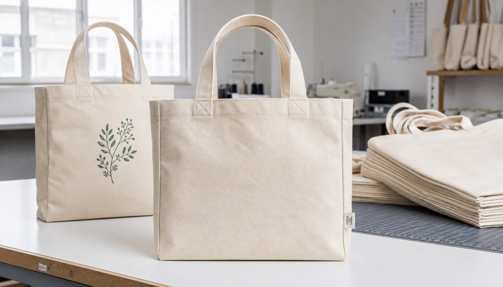 Natural canvas retail merchandise bags in a factory sample room with a small CTM CottonToMaker side label sewn on the bag